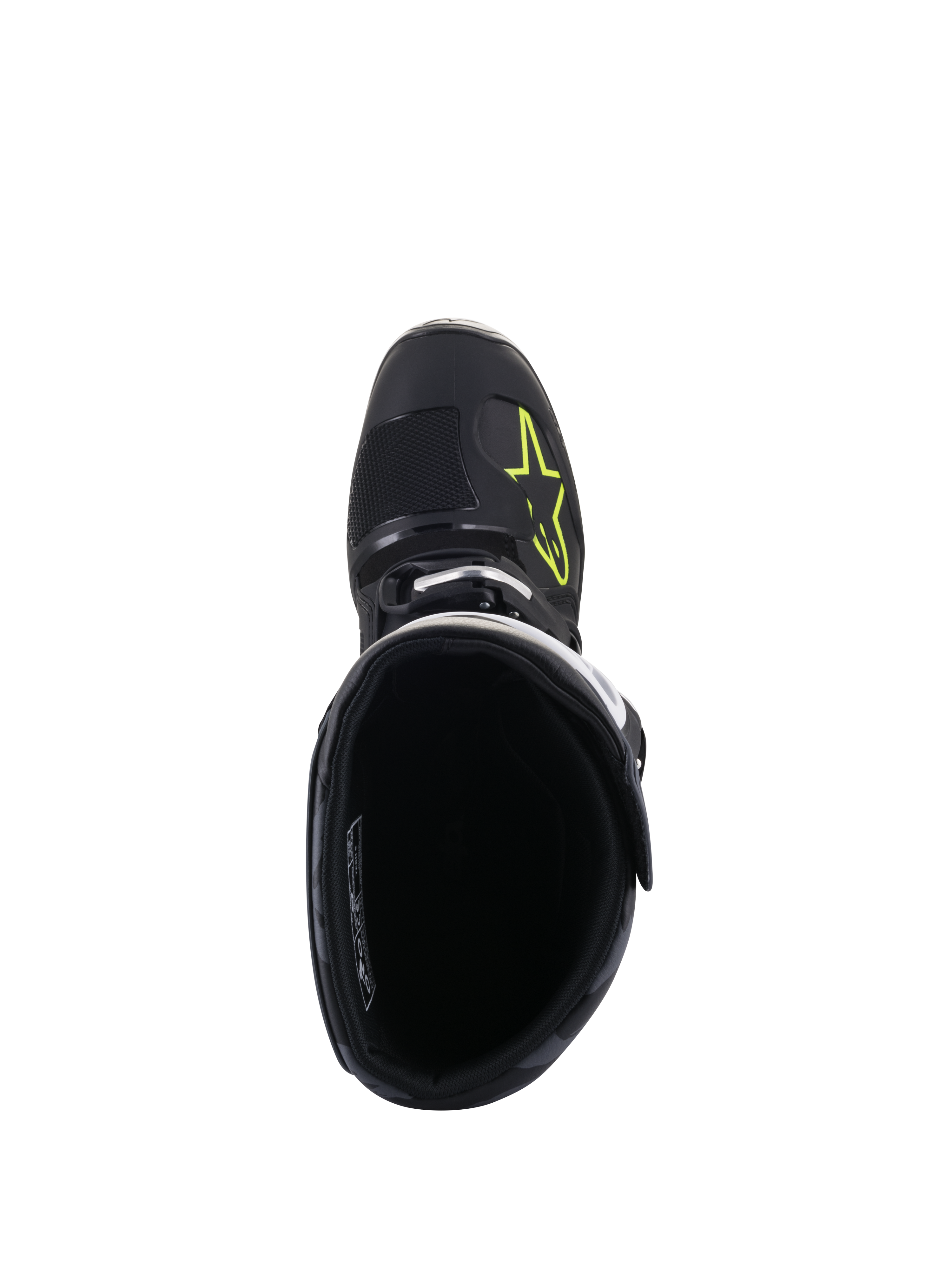 Alpinestars Tech 5 laarzen, bovenaanzicht, zwart met geel fluo logo op de neus, toont de binnenvoering en gespsluiting, hoogwaardig motocross- en off-road schoeisel