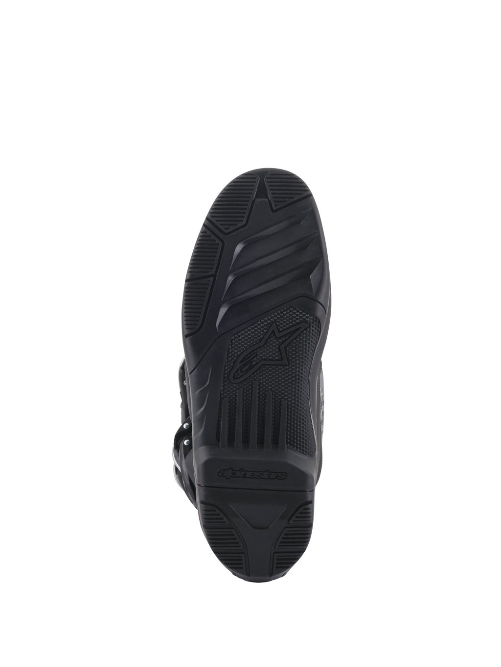 Alpinestars Tech 5-laarzen, onderaanzicht van de zool, zwart rubber met getextureerde grippatronen, voorzien van Alpinestars-sterlogo en branding, duurzaam ontwerp voor motorcross en off-road tractie