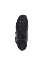 Alpinestars Tech 5-laarzen, onderaanzicht van de zool, zwart rubber met getextureerde grippatronen, voorzien van Alpinestars-sterlogo en branding, duurzaam ontwerp voor motorcross en off-road tractie