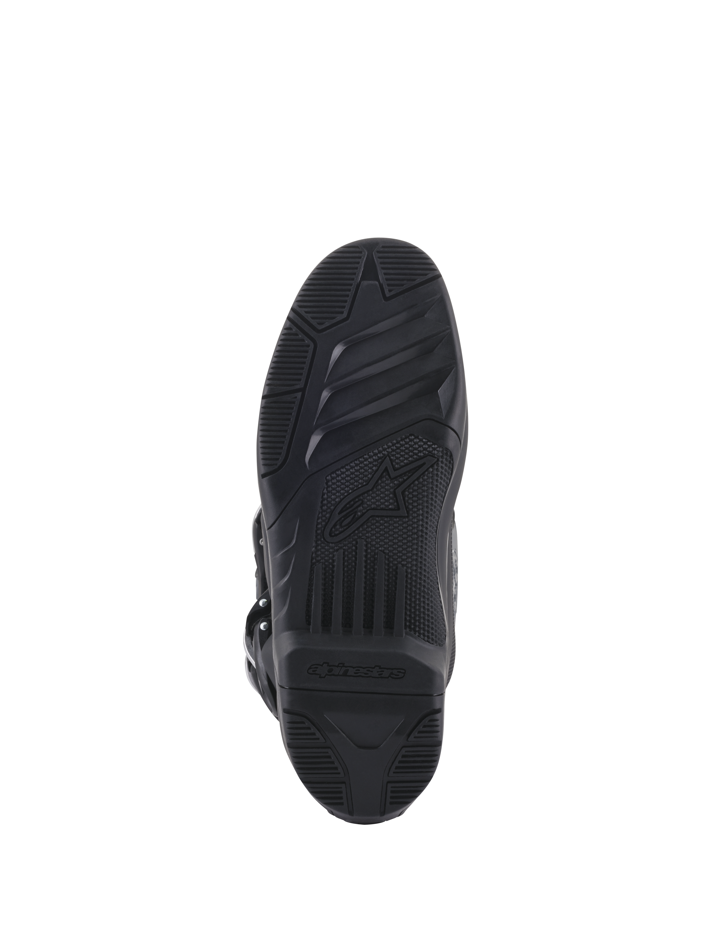 Alpinestars Tech 5-laarzen, onderaanzicht van de zool, zwart rubber met getextureerde grippatronen, voorzien van Alpinestars-sterlogo en branding, duurzaam ontwerp voor motorcross en off-road tractie