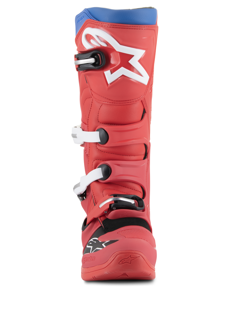 Alpinestars Tech 5 laarzen, motorcrosslaarzen, helderrood en Alpine blauw, vooraanzicht met groot wit sterlogo op de scheen, sluitingssysteem met meerdere gespen en robuust microvezel ontwerp voor off-road prestaties