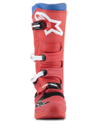 Alpinestars Tech 5 laarzen, motorcrosslaarzen, helderrood en Alpine blauw, vooraanzicht met groot wit sterlogo op de scheen, sluitingssysteem met meerdere gespen en robuust microvezel ontwerp voor off-road prestaties