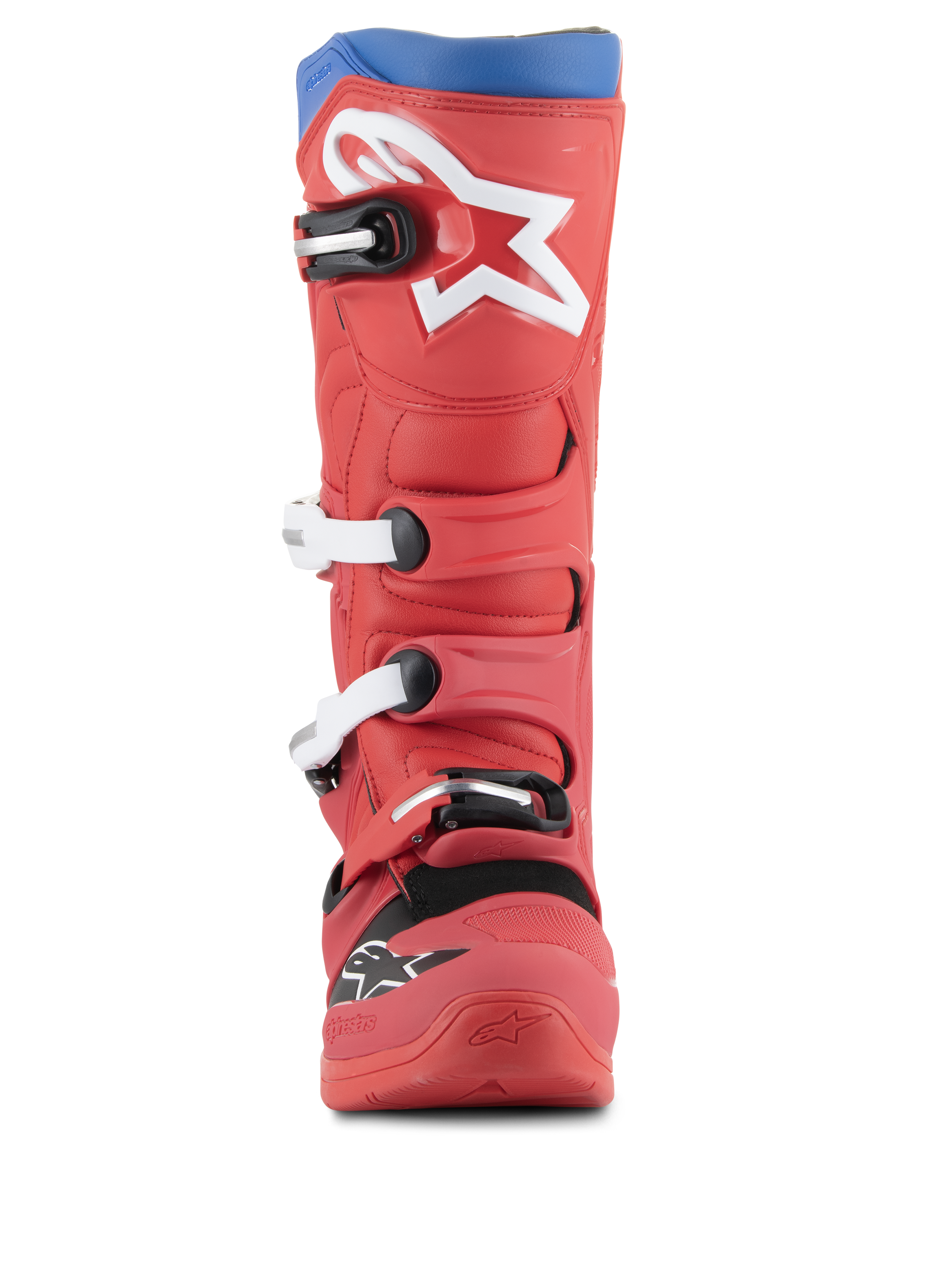 Alpinestars Tech 5 laarzen, motorcrosslaarzen, helderrood en Alpine blauw, vooraanzicht met groot wit sterlogo op de scheen, sluitingssysteem met meerdere gespen en robuust microvezel ontwerp voor off-road prestaties