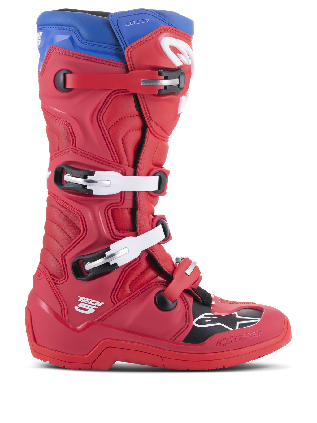 Alpinestars Tech 5 laarzen, motocross racelaarzen, felrood en alpine blauw, zijprofiel met sluitsysteem met vier gespen, versterkte neus met zwart paneel en wit logo, duurzaam microvezel chassis voor off-road bescherming