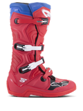 Alpinestars Tech 5 laarzen, motocross racelaarzen, felrood en alpine blauw, zijprofiel met sluitsysteem met vier gespen, versterkte neus met zwart paneel en wit logo, duurzaam microvezel chassis voor off-road bescherming