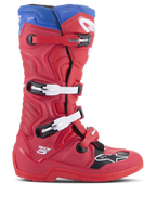 Alpinestars Tech 5 laarzen, motocross racelaarzen, felrood en alpine blauw, zijprofiel met sluitsysteem met vier gespen, versterkte neus met zwart paneel en wit logo, duurzaam microvezel chassis voor off-road bescherming