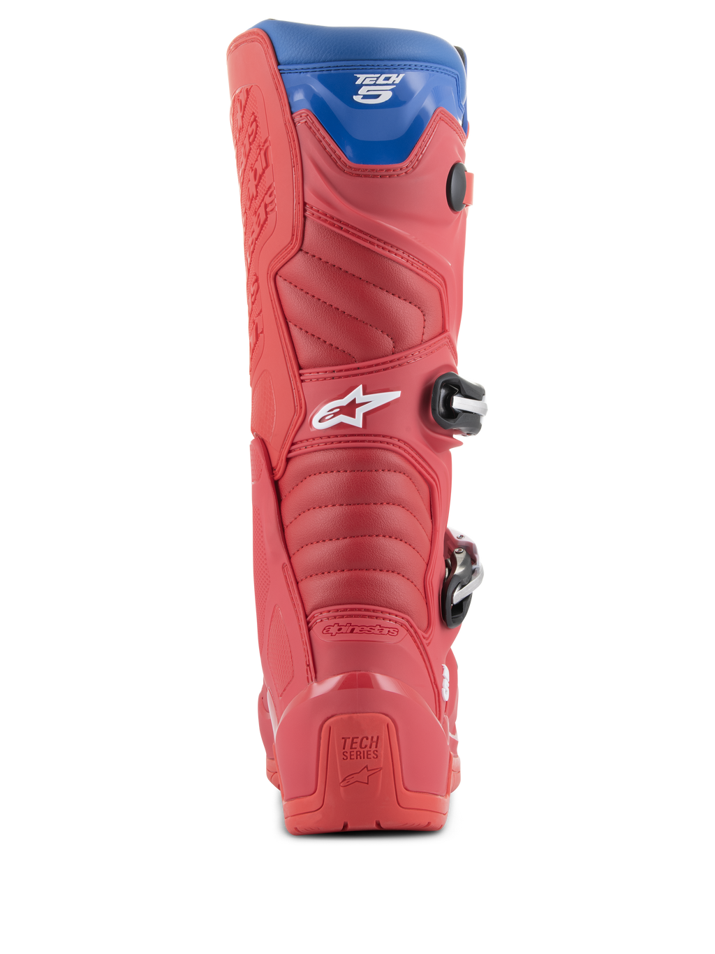 Alpinestars Tech 5 laarzen, motorcrosslaarzen, felrood, donkerrood en Alpine blauw, achteraanzicht met de hiel, accordeon-flexzones en blauwe bovenste gaiter, met zichtbare gespen en merklogo's