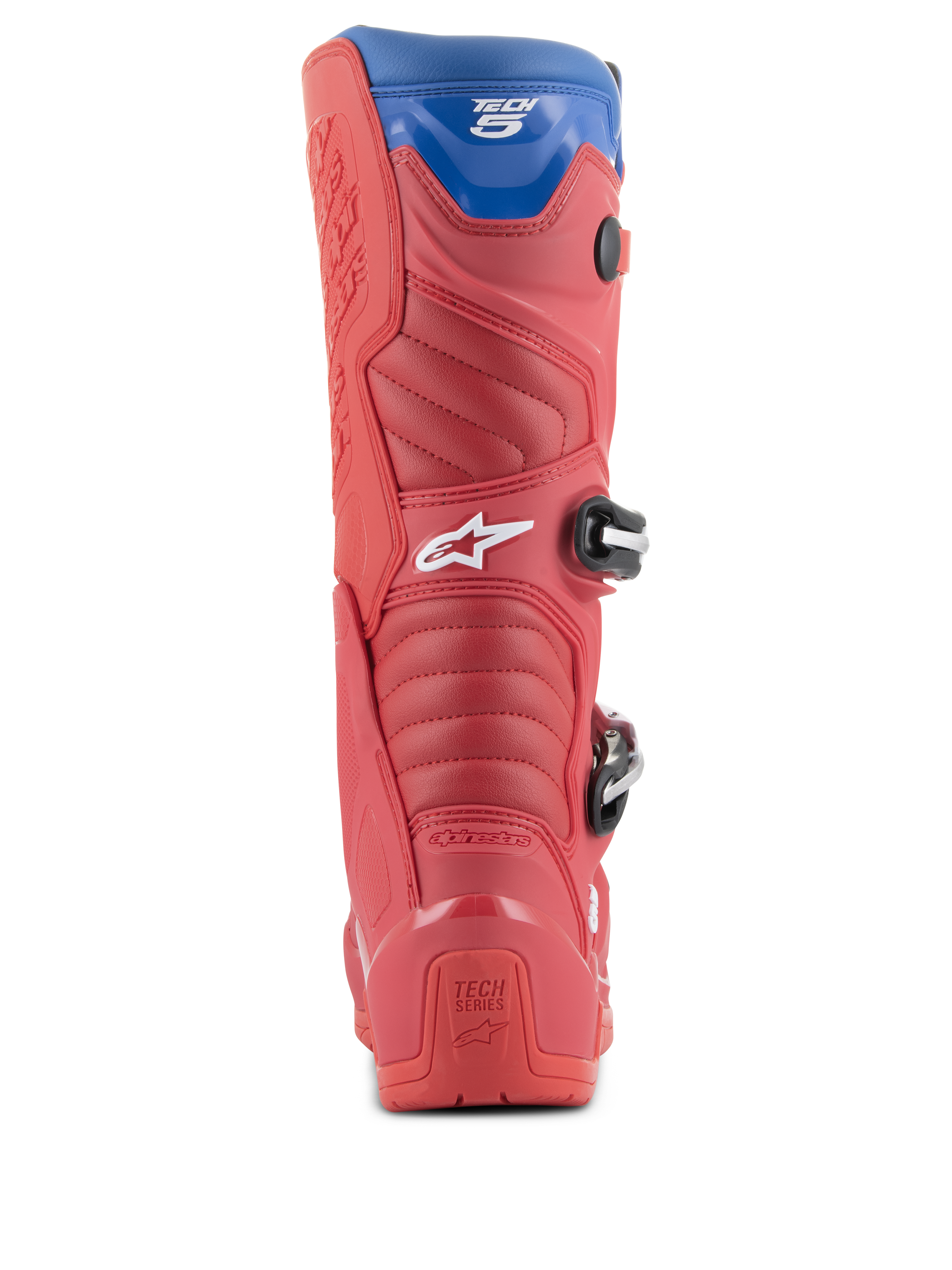 Alpinestars Tech 5 laarzen, motorcrosslaarzen, felrood, donkerrood en Alpine blauw, achteraanzicht met de hiel, accordeon-flexzones en blauwe bovenste gaiter, met zichtbare gespen en merklogo's