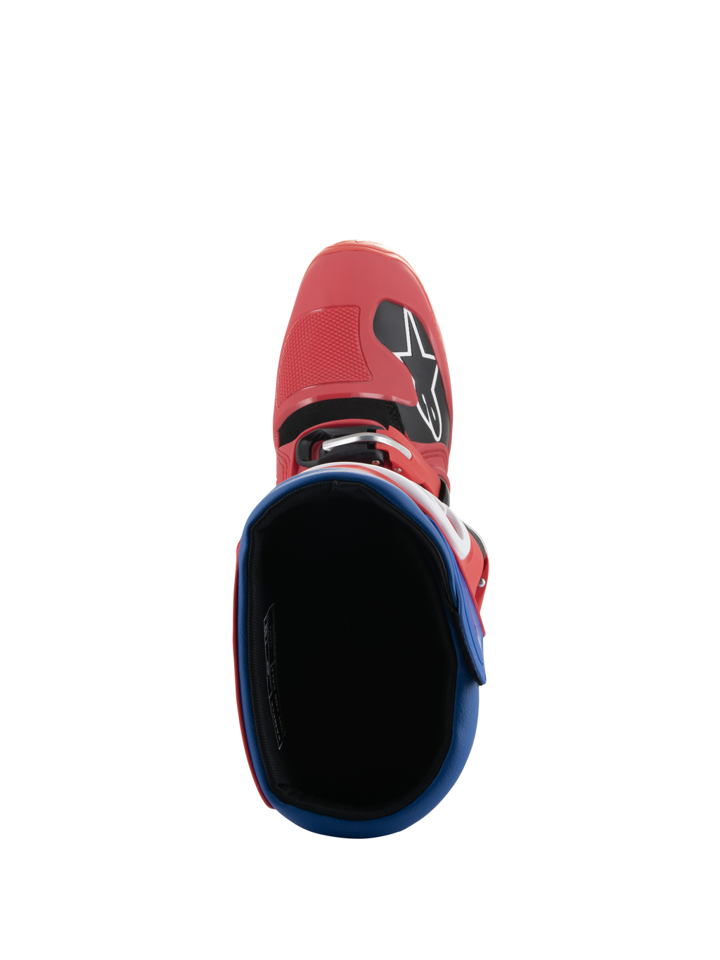 Alpinestars Tech 5 laarzen, motorcrosslaarzen, helderrood en Alpine blauw, bovenaanzicht met zicht in de binnenkant van de laars, rode microvezel teendoos met Alpinestars-logo, blauwe gevoerde kraag, duurzaam off-road race-ontwerp