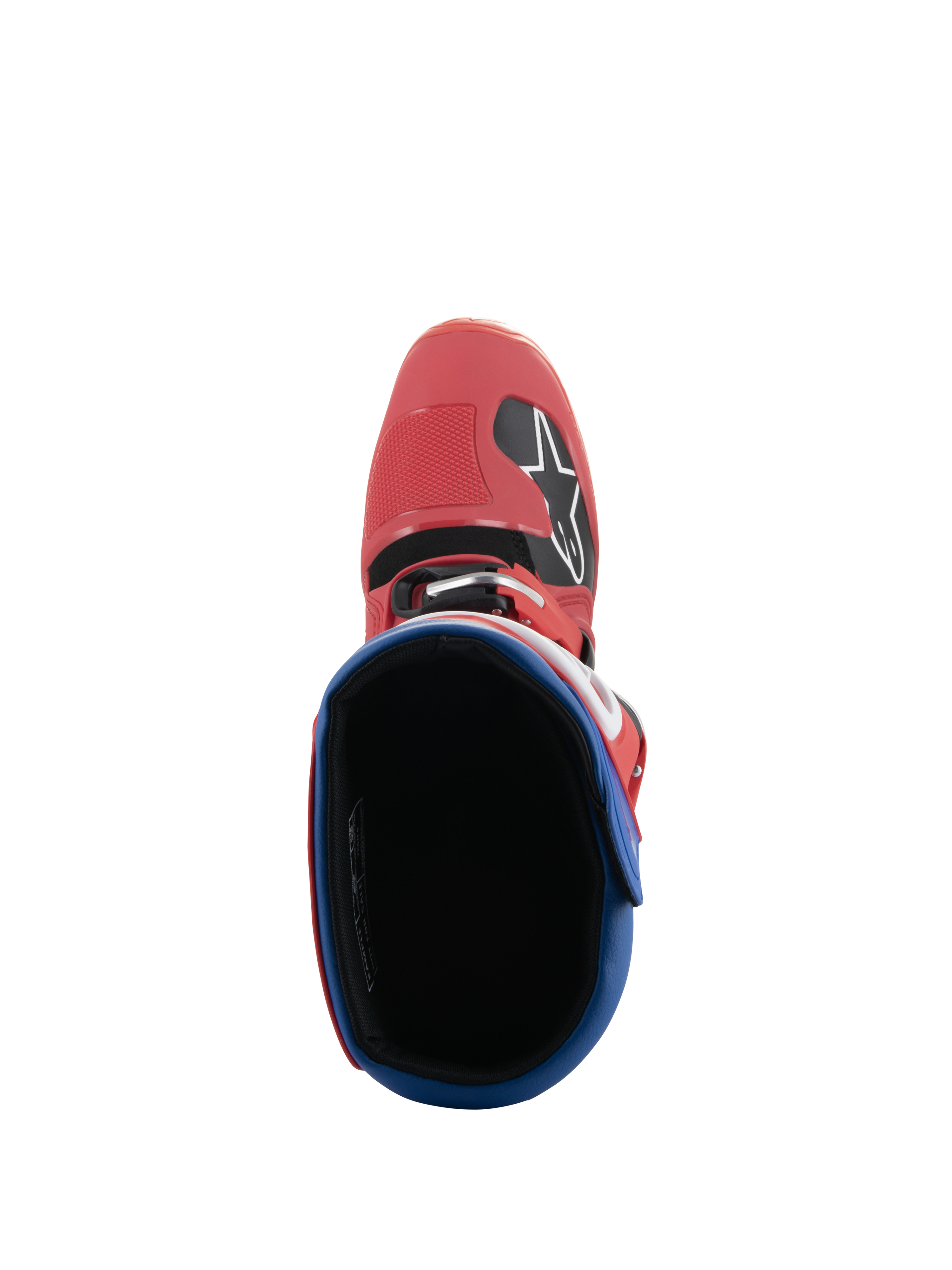Alpinestars Tech 5 laarzen, motorcrosslaarzen, helderrood en Alpine blauw, bovenaanzicht met zicht in de binnenkant van de laars, rode microvezel teendoos met Alpinestars-logo, blauwe gevoerde kraag, duurzaam off-road race-ontwerp