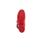 Alpinestars Tech 5 laarzen, motorcrosslaarzen, onderaanzicht met de felrode zool, getextureerd dual compound loopvlakpatroon met Alpinestars-logo en merknaam in reliëf, ontworpen voor off-road prestaties