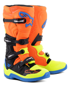 Alpinestars Tech 5 Stiefel, Motocross-Stiefel, Orange Fluo, Enamel-Blau und Gelb Fluo, mit einem Vier-Schnallen-Verschlusssystem, biomechanischem Drehgelenk für Stabilität und leuchtendem mehrfarbigem Design für den Offroad-Einsatz