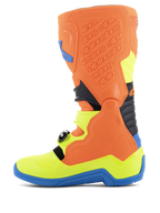 Alpinestars Tech 5 Stiefel, Motocross-Stiefel, Orange Fluo, Enamel Blue und Yellow Fluo, Seitenansicht mit biomechanischem Pivot-System, konturierter Polymerstruktur und strapazierfähigem Mikrofaser-Chassis für Offroad-Performance.