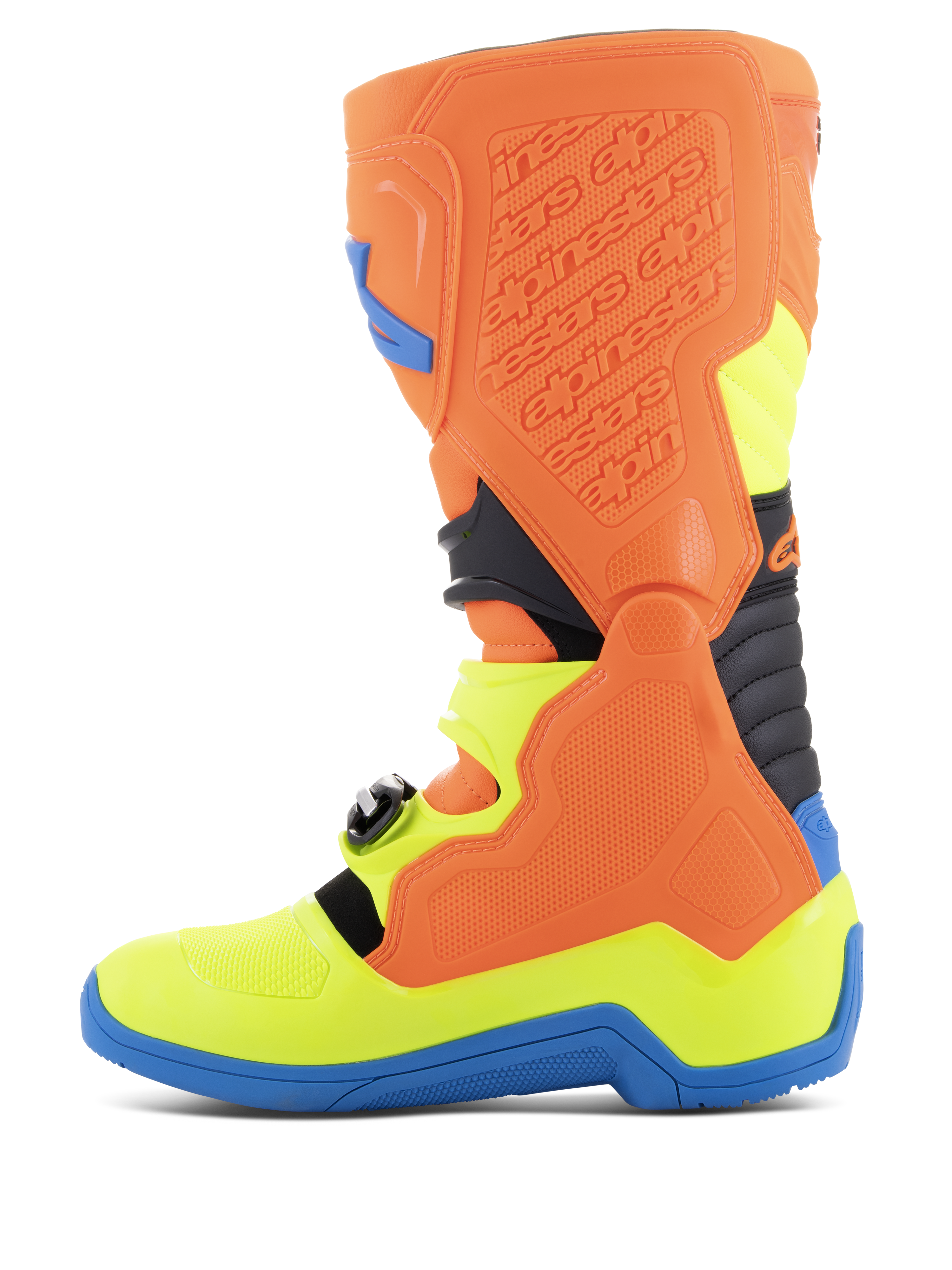 Alpinestars Tech 5 Stiefel, Motocross-Stiefel, Orange Fluo, Enamel Blue und Yellow Fluo, Seitenansicht mit biomechanischem Pivot-System, konturierter Polymerstruktur und strapazierfähigem Mikrofaser-Chassis für Offroad-Performance.