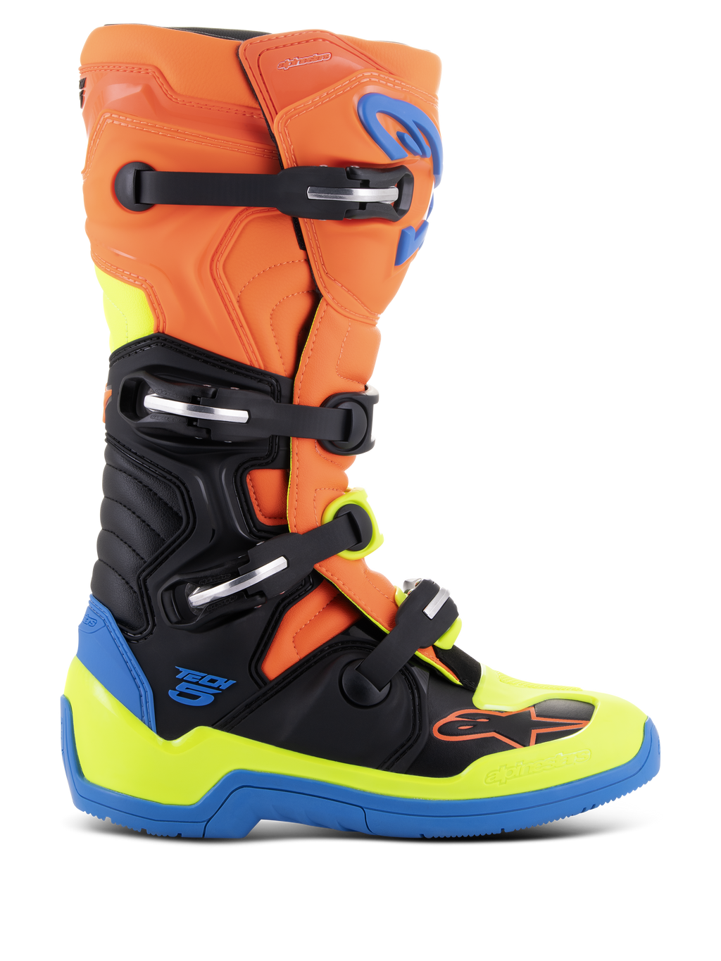 Alpinestars Tech 5 Stiefel, Motocross-Racing-Stiefel, Orange Fluo, Emaille-Blau und Gelb Fluo mit Schwarz, Vier-Schnallen-System, Mikrofaser-Konstruktion mit biomechanischem Pivot-System, verstärkte blaue Sohle