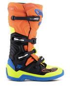 Alpinestars Tech 5 Stiefel, Motocross-Racing-Stiefel, Orange Fluo, Emaille-Blau und Gelb Fluo mit Schwarz, Vier-Schnallen-System, Mikrofaser-Konstruktion mit biomechanischem Pivot-System, verstärkte blaue Sohle