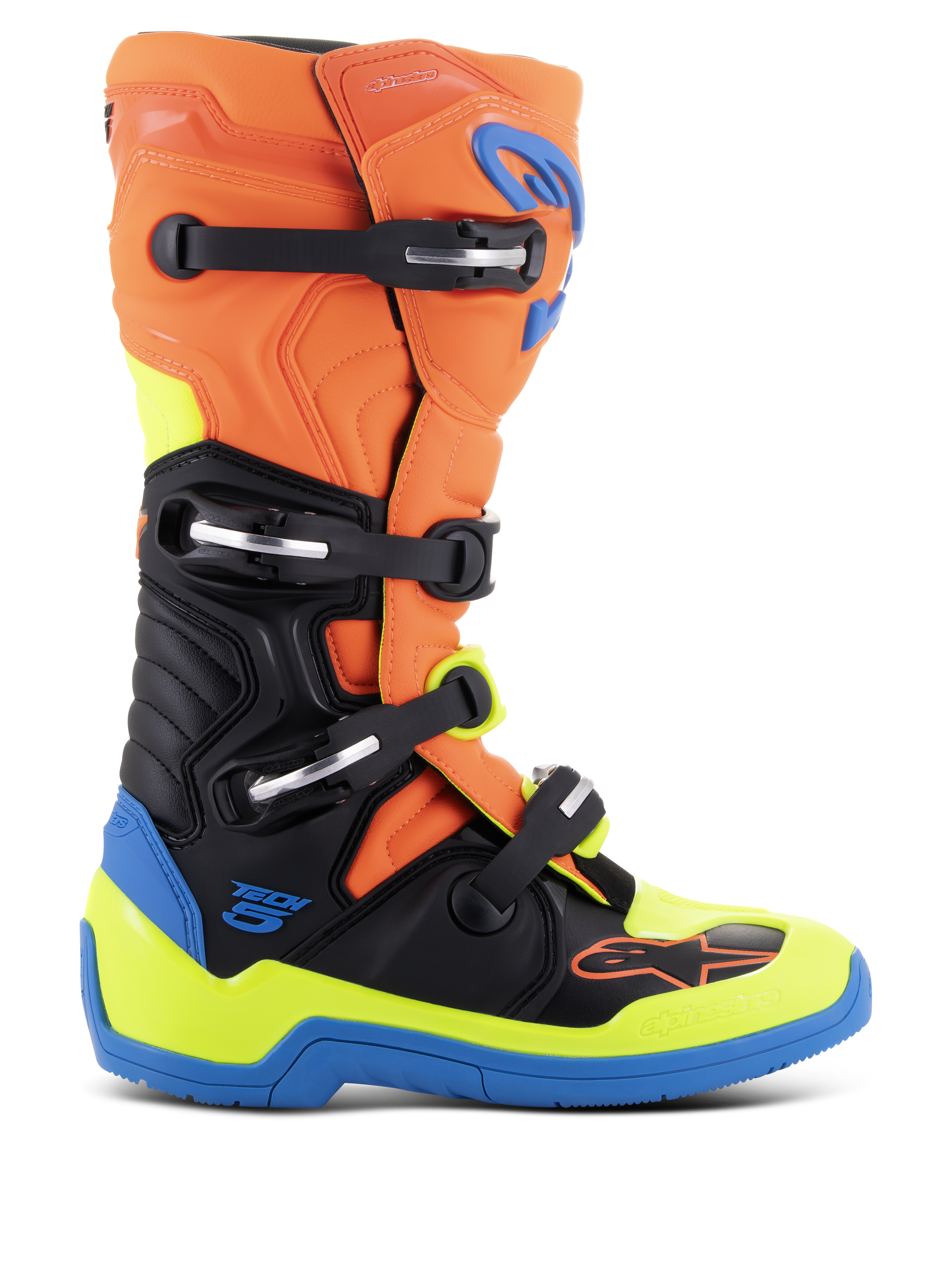 Alpinestars Tech 5 Stiefel, Motocross-Racing-Stiefel, Orange Fluo, Emaille-Blau und Gelb Fluo mit Schwarz, Vier-Schnallen-System, Mikrofaser-Konstruktion mit biomechanischem Pivot-System, verstärkte blaue Sohle