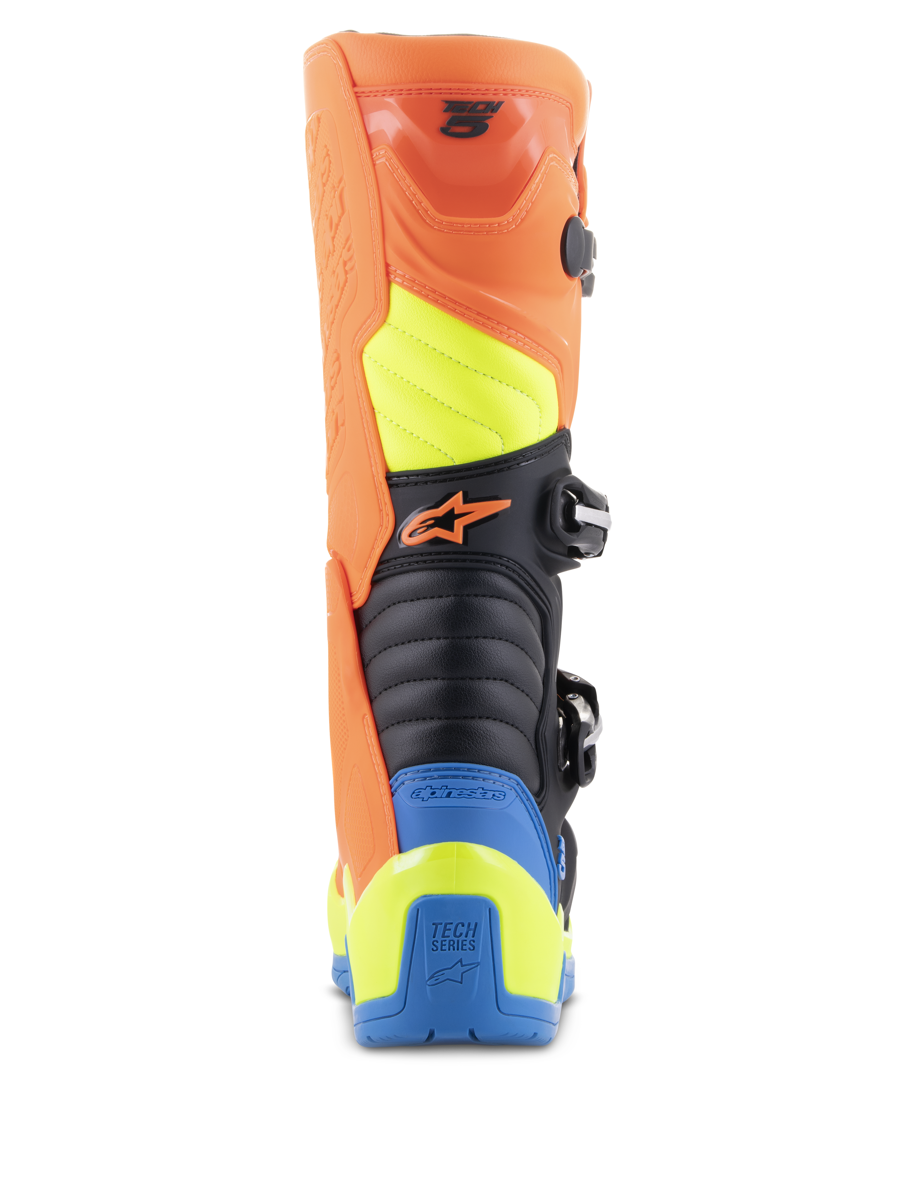 Alpinestars Tech 5 Stiefel, Motocross-Stiefel, Orange Fluo, Enamel Blue und Yellow Fluo, Rückansicht mit Akkordeon-Flexzonen, strapazierfähigem Polymer-Wadenschutz und auffälligem mehrfarbigem Panel-Design für den Offroad-Rennsport