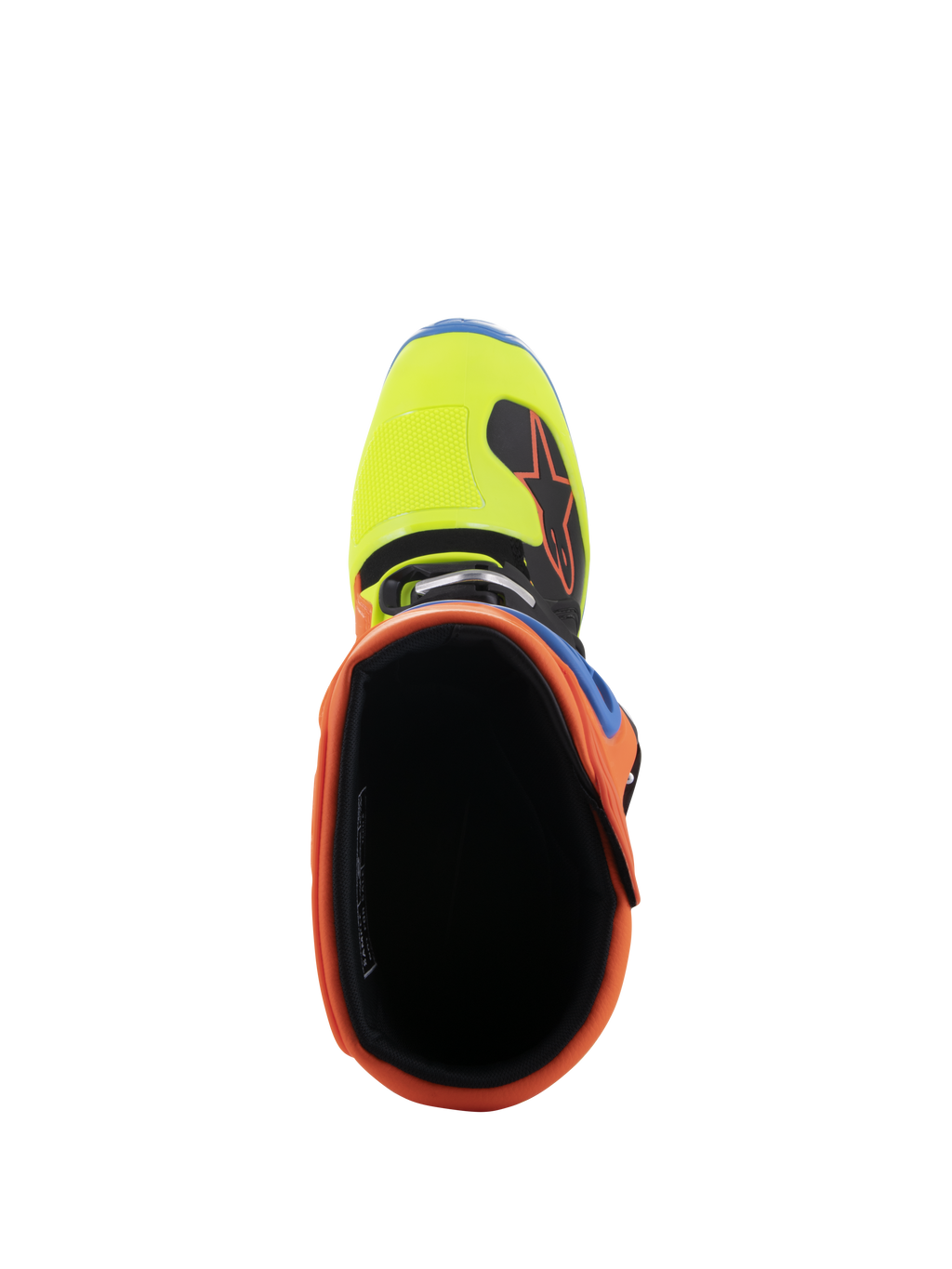 Alpinestars Tech 5 Stiefel, Draufsicht mit Blick in die Öffnung, mit leuchtendem Orange Fluo-Kragen und Yellow Fluo-Zehenbox, schwarzes Innenfutter, strapazierfähiges Offroad-Motocross-Schuhwerk