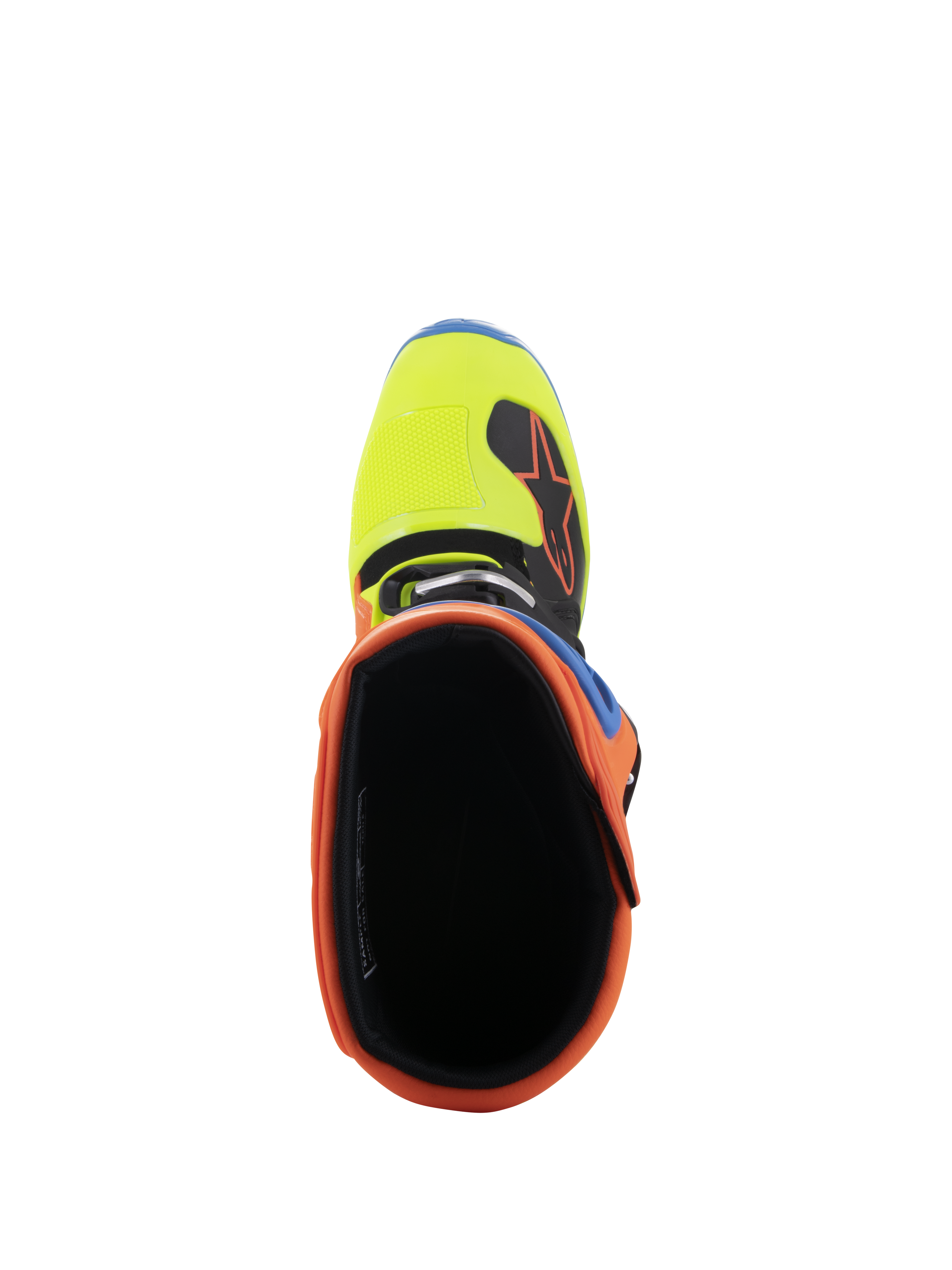 Alpinestars Tech 5 Stiefel, Draufsicht mit Blick in die Öffnung, mit leuchtendem Orange Fluo-Kragen und Yellow Fluo-Zehenbox, schwarzes Innenfutter, strapazierfähiges Offroad-Motocross-Schuhwerk