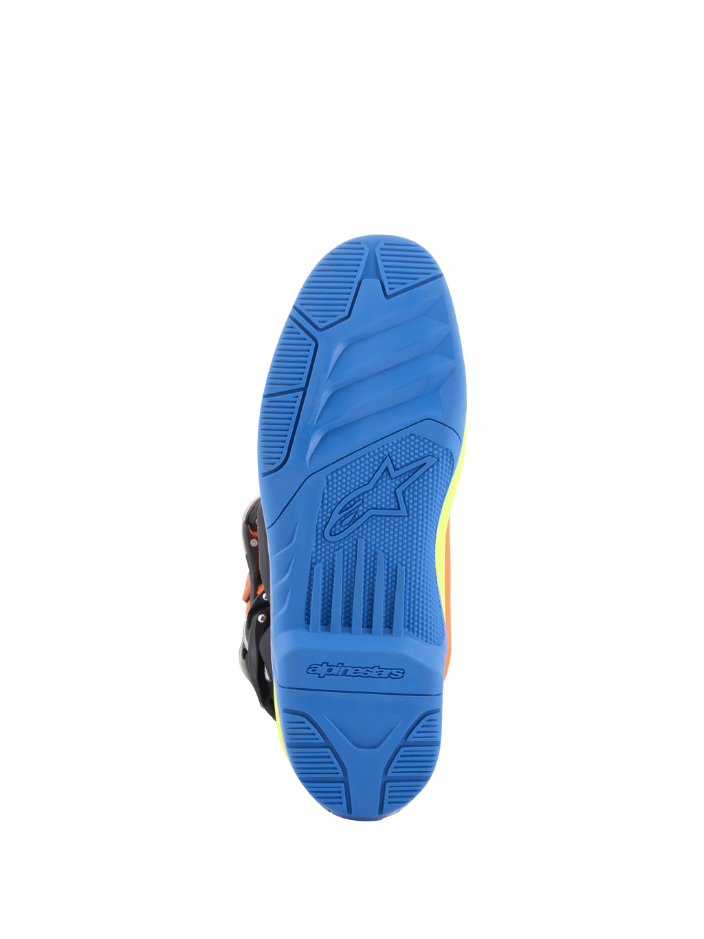 Alpinestars Tech 5 Stiefel, Motocross-Stiefel, Orange Fluo, Enamel Blue und Yellow Fluo, detaillierte Ansicht der Unterseite der blauen Dual-Compound-Sohle mit strukturierter Grifffläche und Alpinestars-Branding