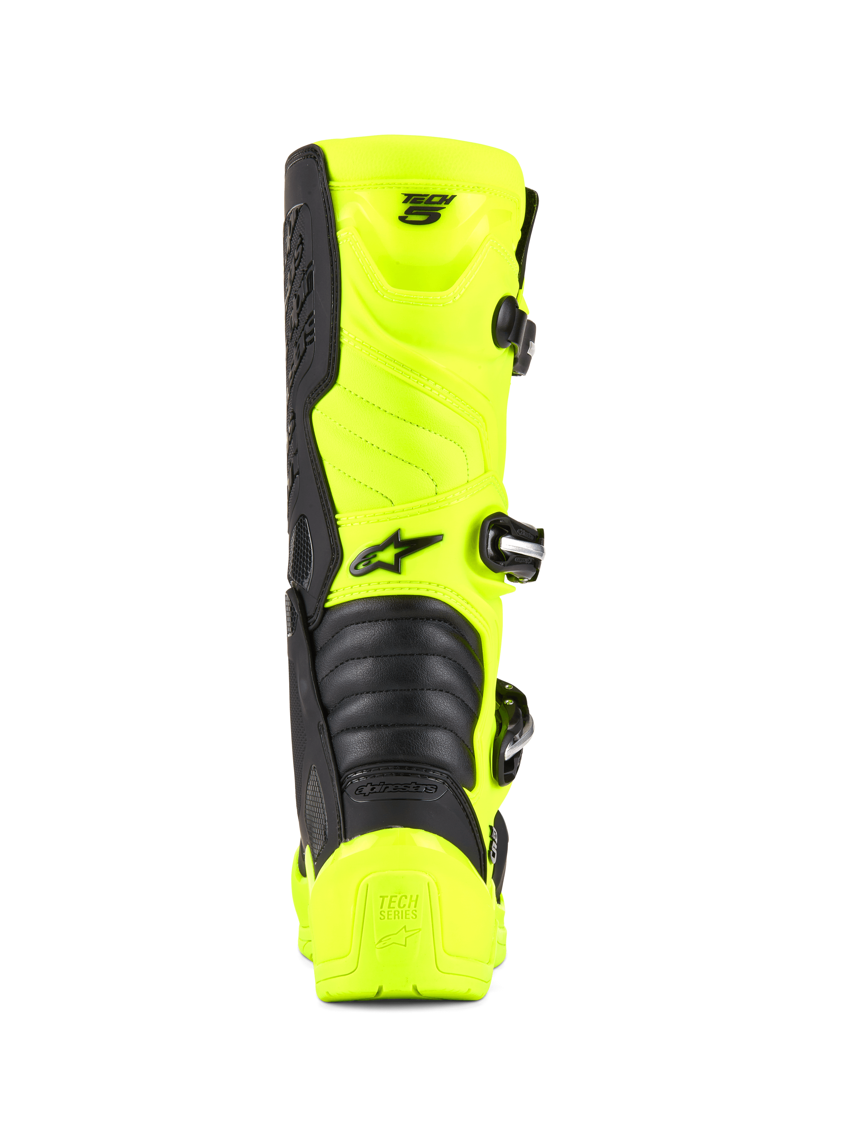 Alpinestars Tech 5 Stiefel, Motocross- und Off-Road-Stiefel, Gelb Fluo und Schwarz, Rückansicht mit Fersenschutz, Schnallenverschlusssystem und Akkordeon-Flexzonen, professionelles Design für Rennsport-Schuhe