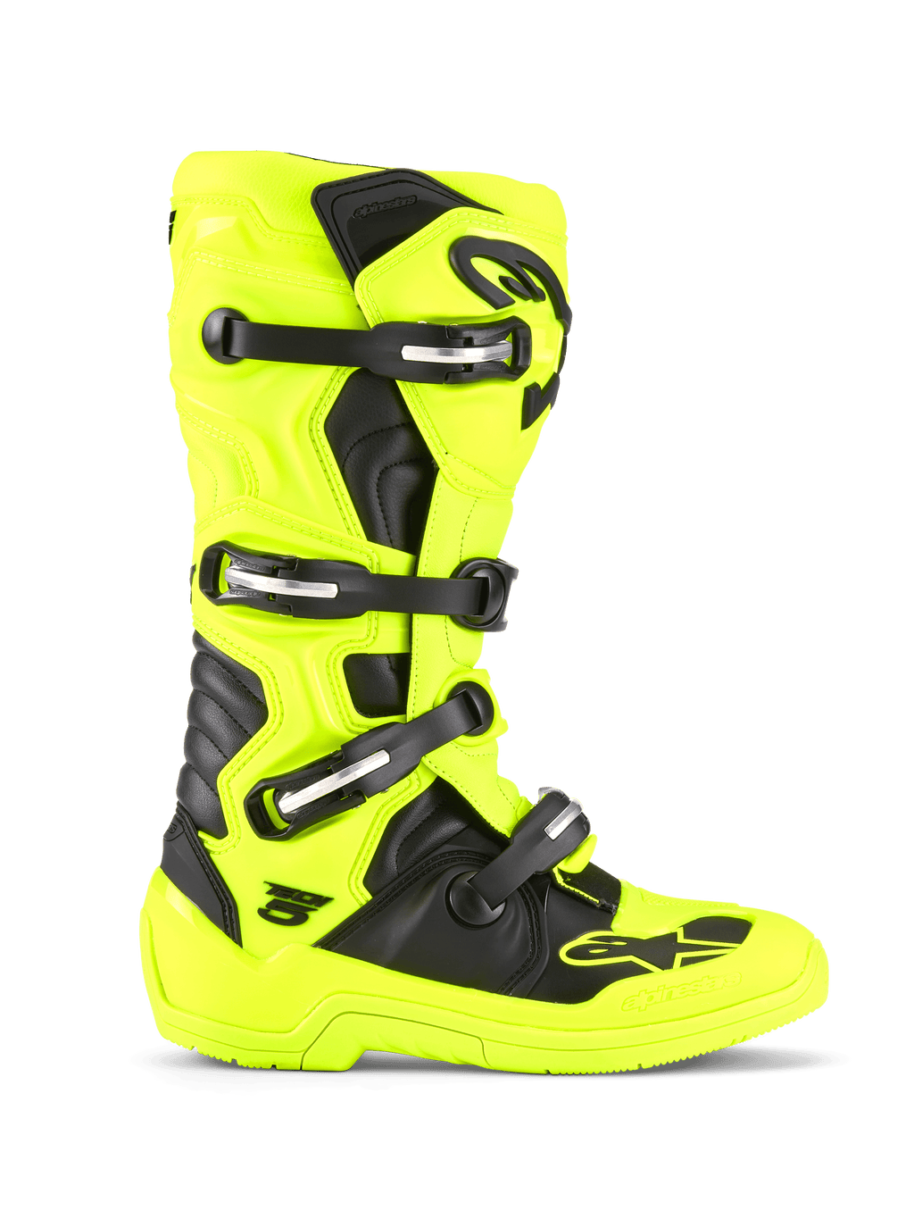 Alpinestars Tech 5 Stiefel, Motocross- und Offroad-Stiefel, Neongelb und Schwarz, Vier-Schnallen-Verschlusssystem, schützende TPU-Schale, biomechanisches Drehgelenk-Design, strapazierfähige Sohle für den Rennsport