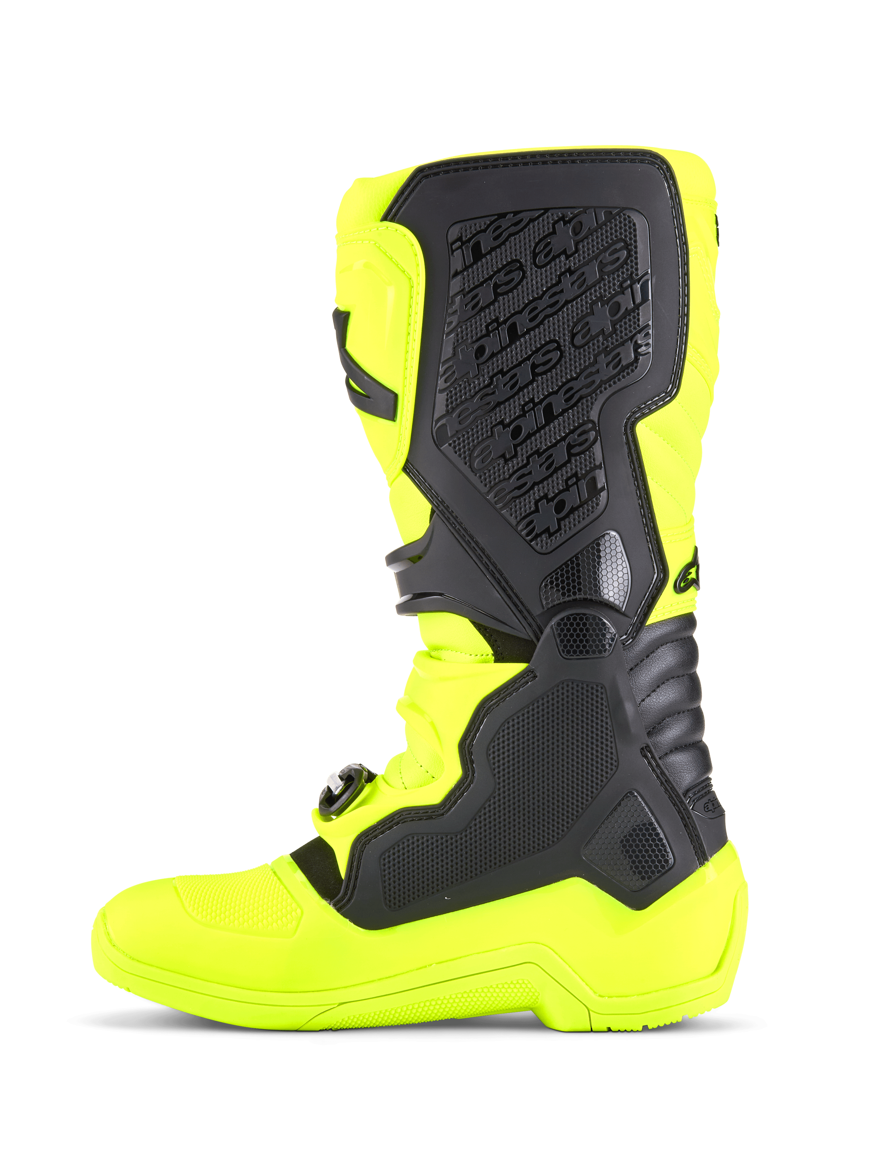 Alpinestars Tech 5 Stiefel, Motocross-Stiefel, Gelb Fluo und Schwarz, Seitenansicht mit strapazierfähigem Mikrofaser-Chassis, TPU-Schutzpaneelen und medialem biomechanischem Drehpunktsystem für Offroad-Fahrten