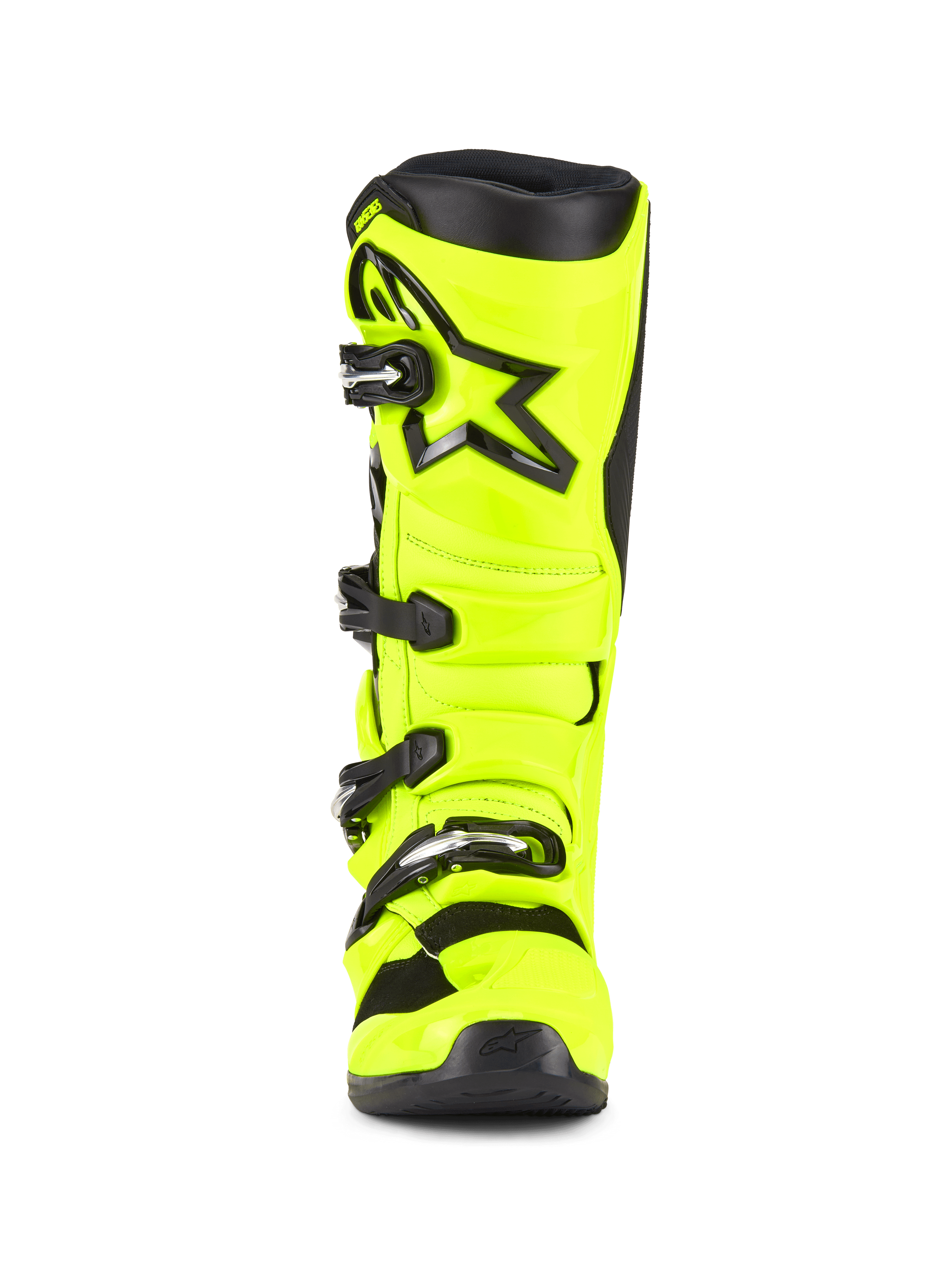 Alpinestars Tech 5 Stiefel, Motocross-Stiefel, Gelb Fluo und Schwarz, Vorderansicht mit einem Vier-Schnallen-Verschlusssystem, verstärkter Schienbeinplatte mit schwarzem Stern-Logo und einer strapazierfähigen Multi-Material-Konstruktion für den Offroad-Rennsport