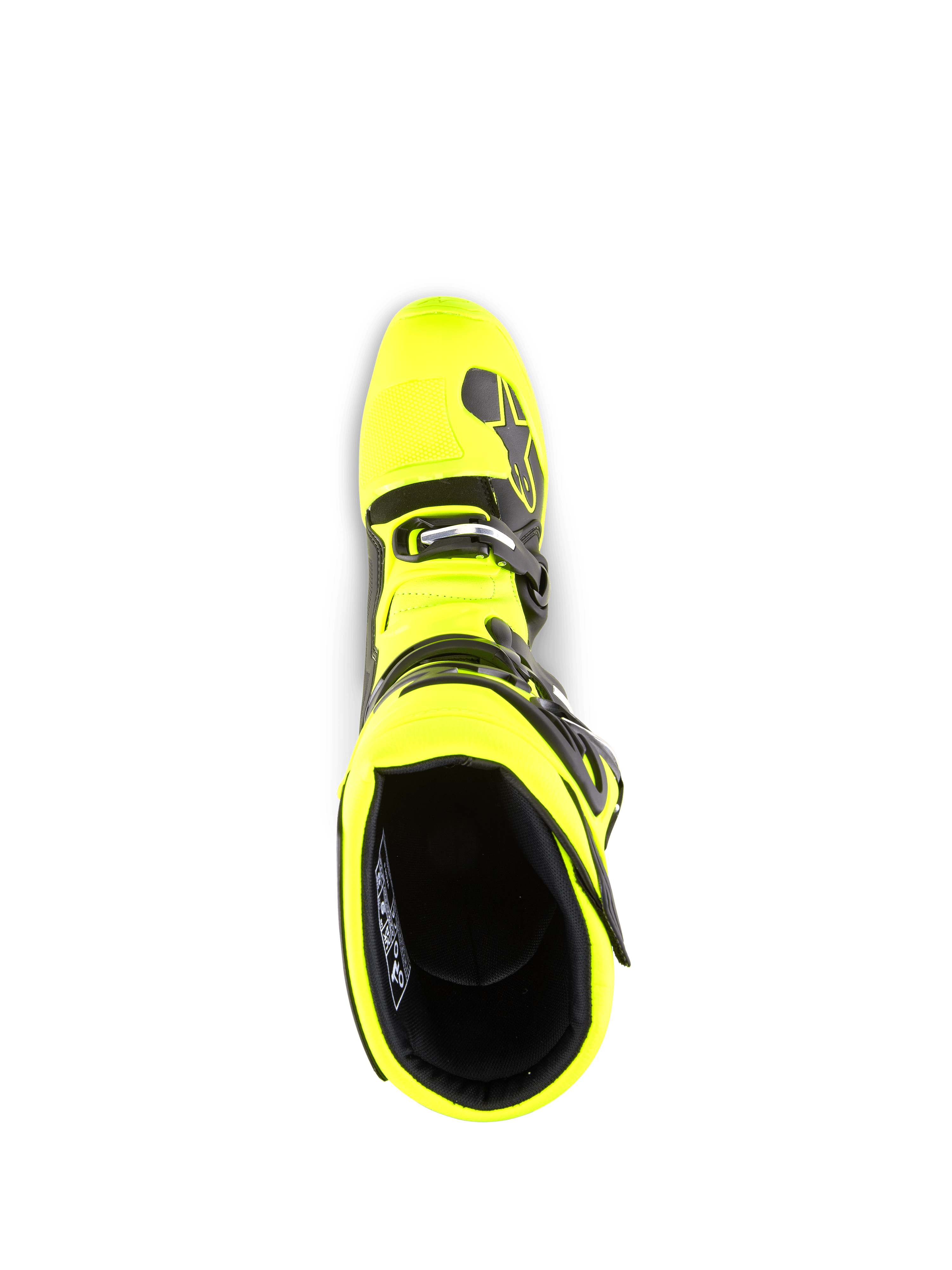 Alpinestars Tech 5 Stiefel, Motocross-Stiefel, Gelb Fluo und Schwarz, Draufsicht mit Blick in die Stiefelöffnung, mit schwarzem Innenfutter, Schnallensystem und Markenakzenten, konzipiert für Offroad-Performance