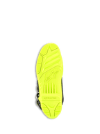 Alpinestars Tech 5 Stiefel, Motocross-Stiefel, Gelb Fluo, Unteransicht der Sohle mit griffigem Strukturprofil, geprägtes Alpinestars-Logo und Schriftzug, langlebige Zweikomponenten-Konstruktion für den Offroad-Einsatz