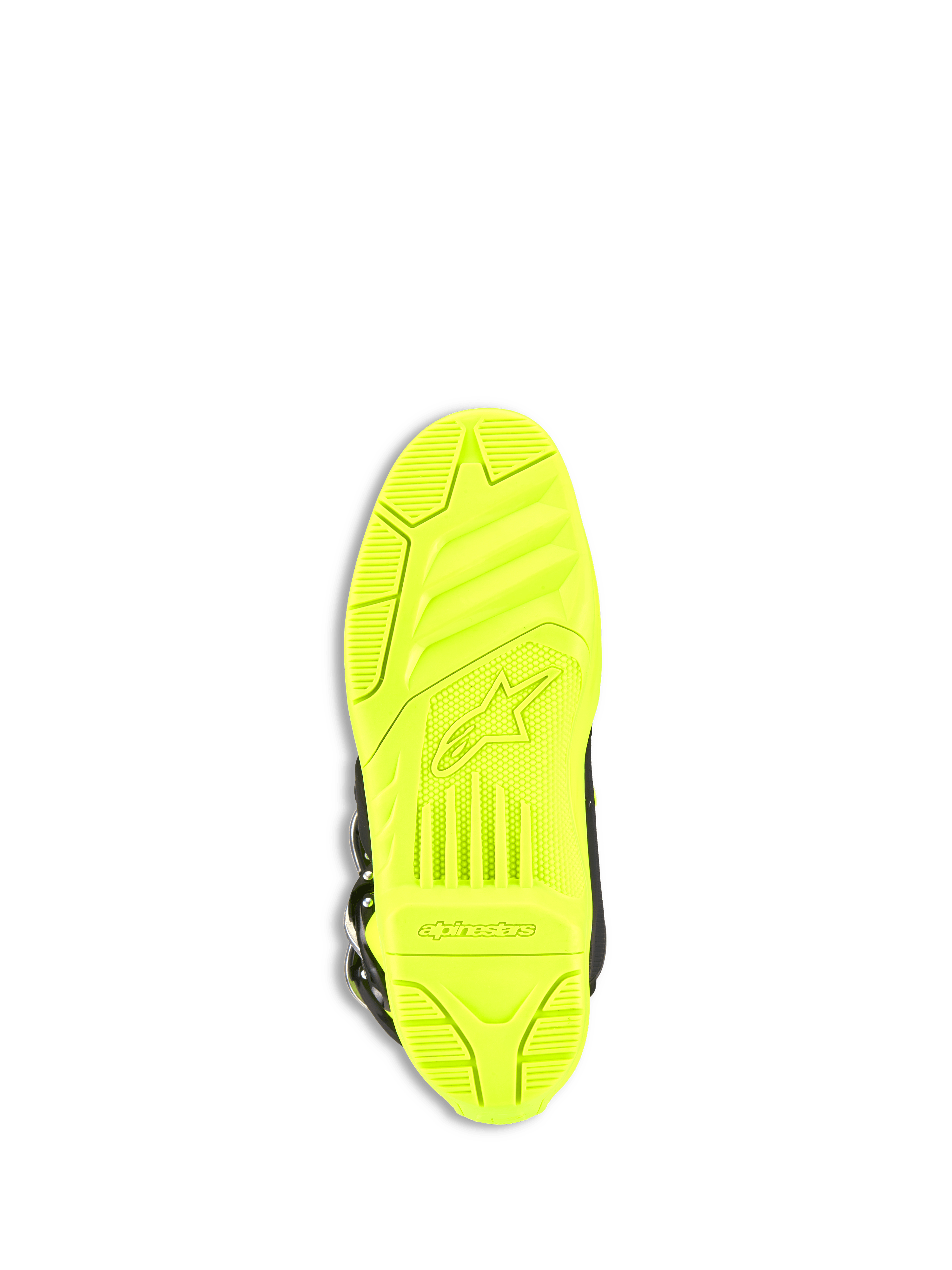 Alpinestars Tech 5 Stiefel, Motocross-Stiefel, Gelb Fluo, Unteransicht der Sohle mit griffigem Strukturprofil, geprägtes Alpinestars-Logo und Schriftzug, langlebige Zweikomponenten-Konstruktion für den Offroad-Einsatz