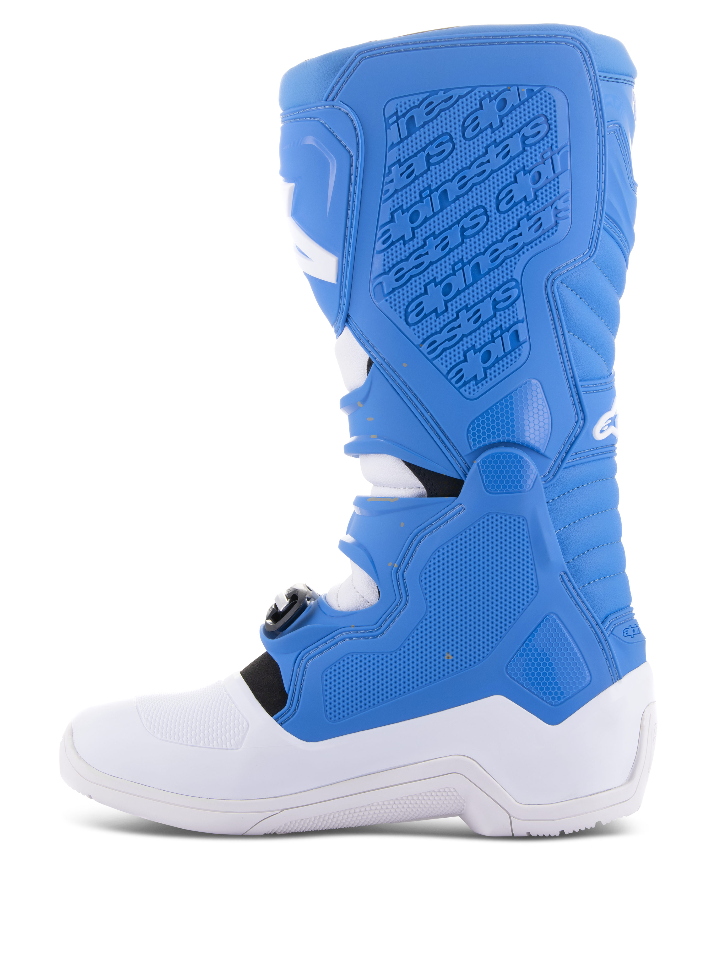 Alpinestars Tech 5 Stiefel, Motocross-Stiefel, Blau und Weiß, Seitenprofil zeigt mediale Seite mit geprägtem Branding, strukturierte Griffflächen und strapazierfähige weiße Sohle für Offroad-Schutz.