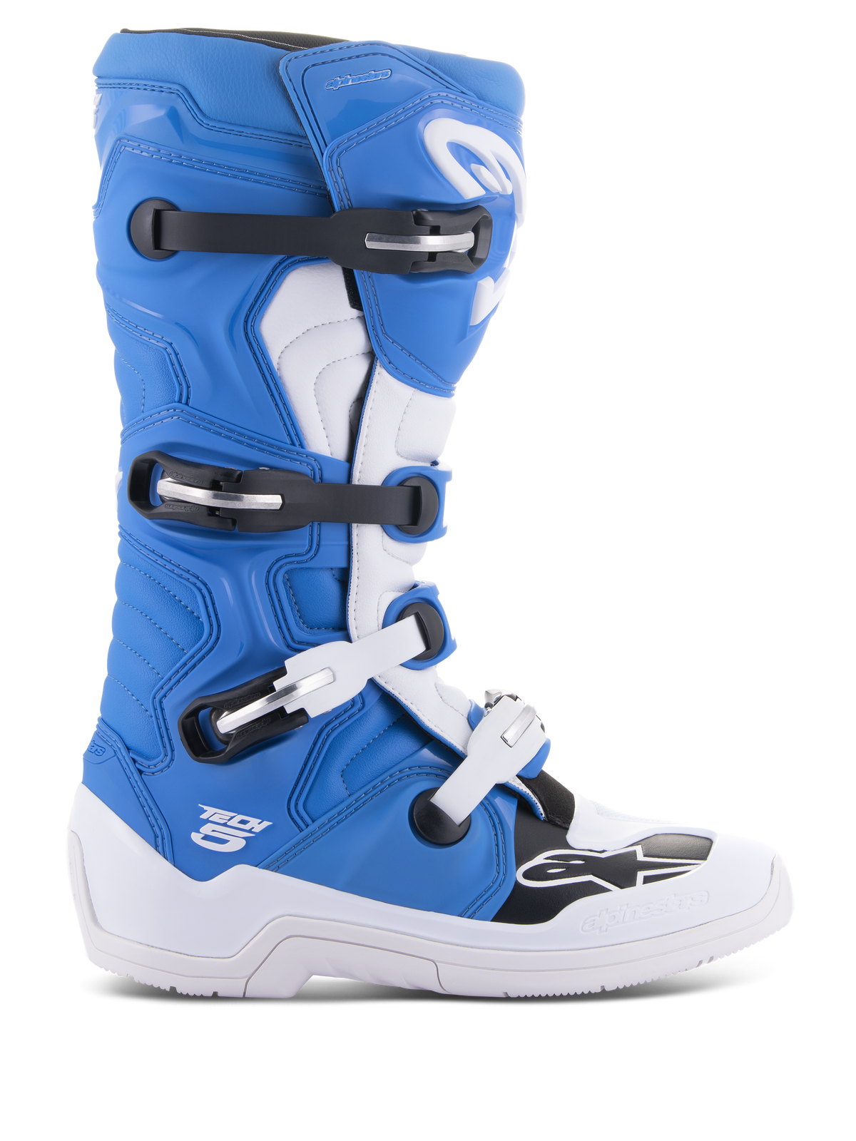 Alpinestars Tech 5 Stiefel, Motocross-Stiefel, Blau und Weiß mit schwarzen Akzenten, High-Top-Offroad-Renndesign, vier verstellbare Schnallen, verstärkte Schienbeinplatte, Alpinestars Stern-Logo auf der Zehenkappe, strapazierfähige Konstruktion für Dirt-Bike-Performance