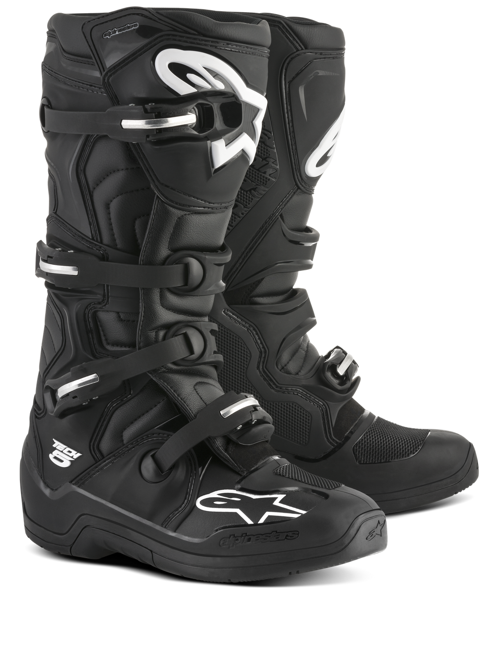 Alpinestars Tech 5 laarzen, motocross motorlaarzen, zwart en wit, biomechanisch pivotsysteem, aluminium gespsluiting, CE-gecertificeerd.