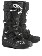Alpinestars Tech 5 laarzen, motocross motorlaarzen, zwart en wit, biomechanisch pivotsysteem, aluminium gespsluiting, CE-gecertificeerd.