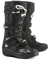 Bottes Alpinestars Tech 5, motocross tout-terrain unisexes, noires et blanches, certifiées CE, pivot biomécanique et système de boucles en aluminium.