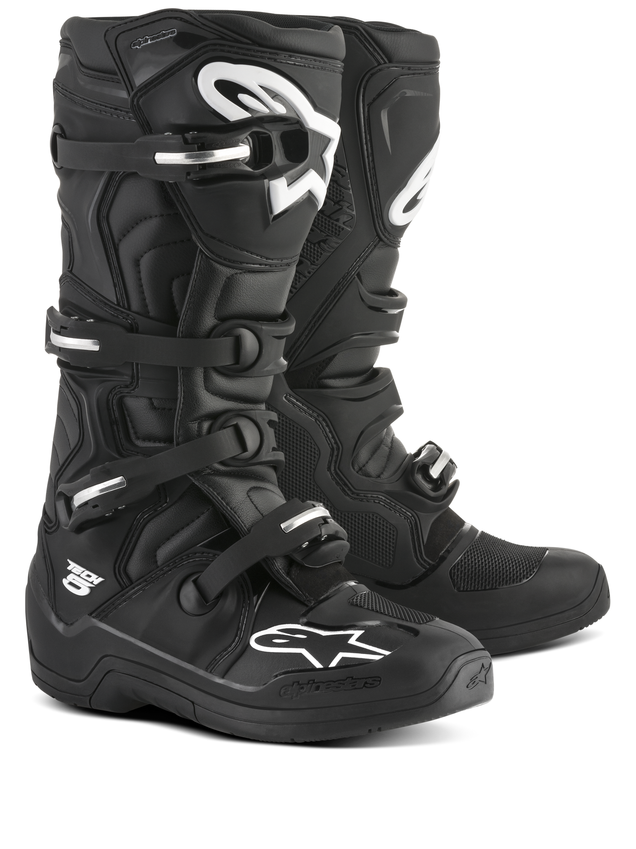 Bottes Alpinestars Tech 5, motocross tout-terrain unisexes, noires et blanches, certifiées CE, pivot biomécanique et système de boucles en aluminium.