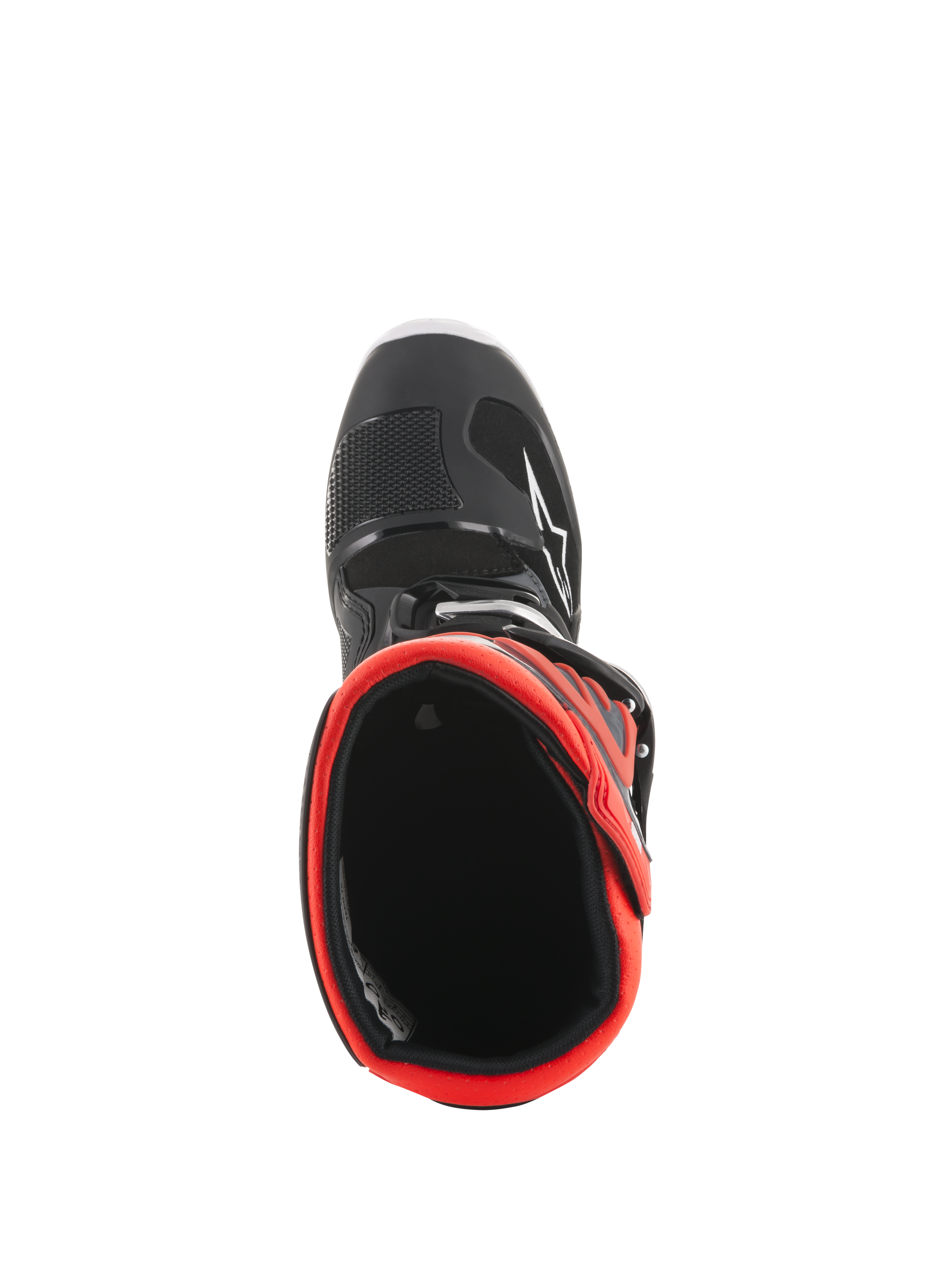 Alpinestars Youth Tech 7S Boots, Motocross Boots, Black and Fluorescent Red, top-down view looking into the red inner lining, featuring a black outer shell with white star logo and durable synthetic construction