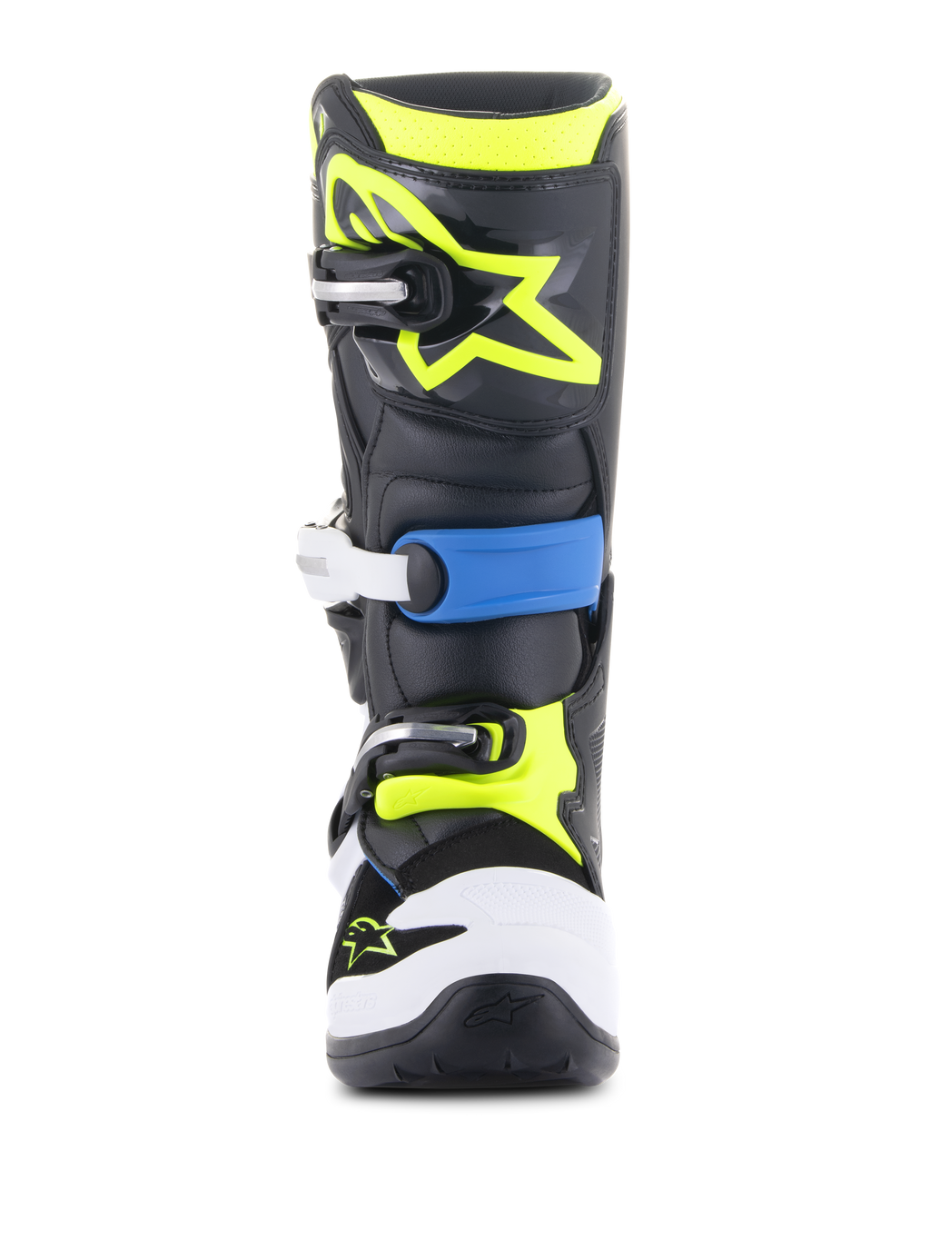 Alpinestars Youth Tech 7S Boots, Motocross Boots, Black Enamel Blue and Yellow Fluo, front view featuring a durable multi-buckle closure system, white toe guard, and vibrant fluorescent yellow Alpinestars logo on the shin plate