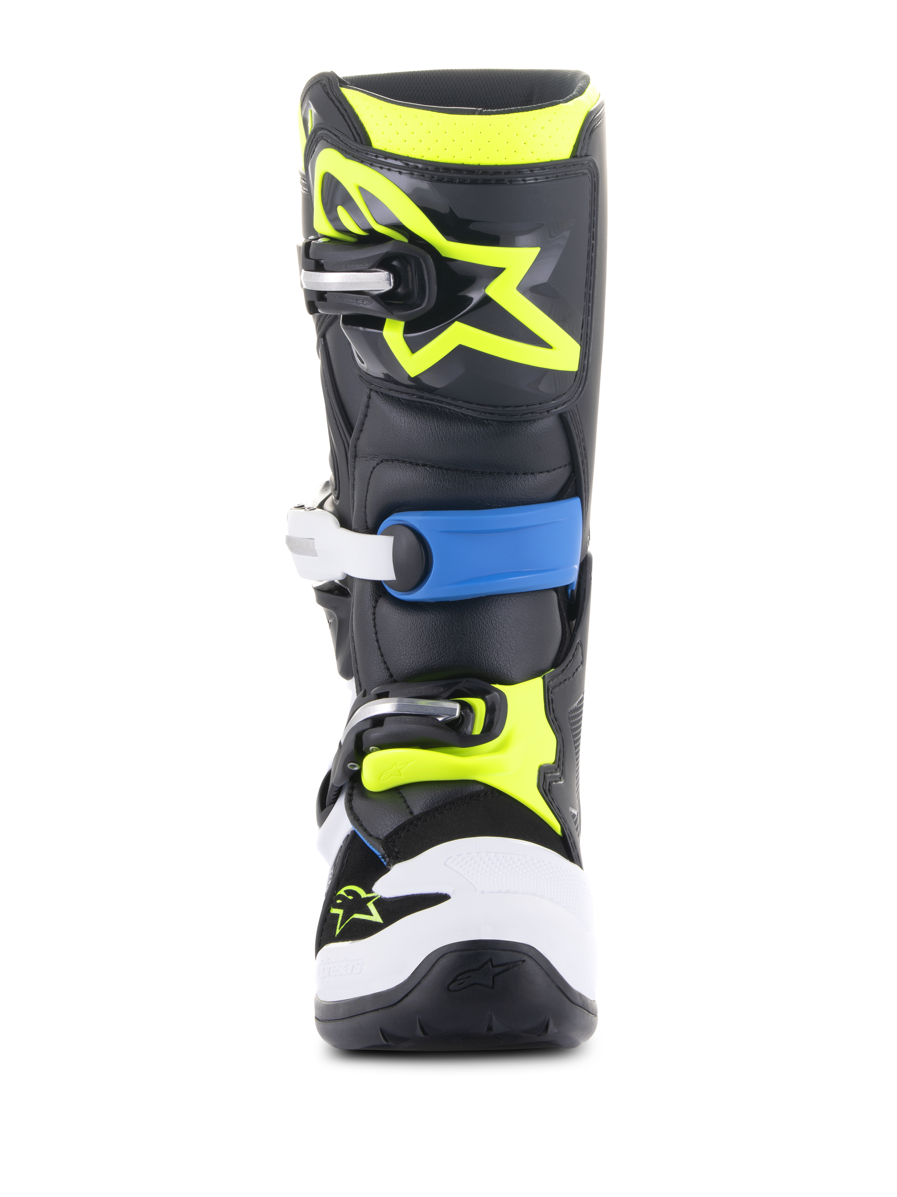 Alpinestars Youth Tech 7S Boots, Motocross Boots, Black Enamel Blue and Yellow Fluo, front view featuring a durable multi-buckle closure system, white toe guard, and vibrant fluorescent yellow Alpinestars logo on the shin plate
