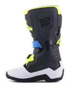 Alpinestars Youth Tech 7S Boots, Motocross Boots, Black Enamel Blue and Yellow Fluo, featuring a white lower shell, protective black TPU panels with 'TECH SERIES' branding, and a secure buckle system, designed for junior riders.