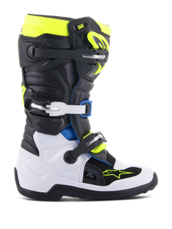 Alpinestars Youth Tech 7S Stiefel, Motocross-Stiefel für junge Fahrer, Schwarz, Weiß und Gelb Fluo mit blauen Akzenten, verstellbares Schnallensystem, verstärkte Schutzpaneele, griffige Sohle für Offroad-Rennen