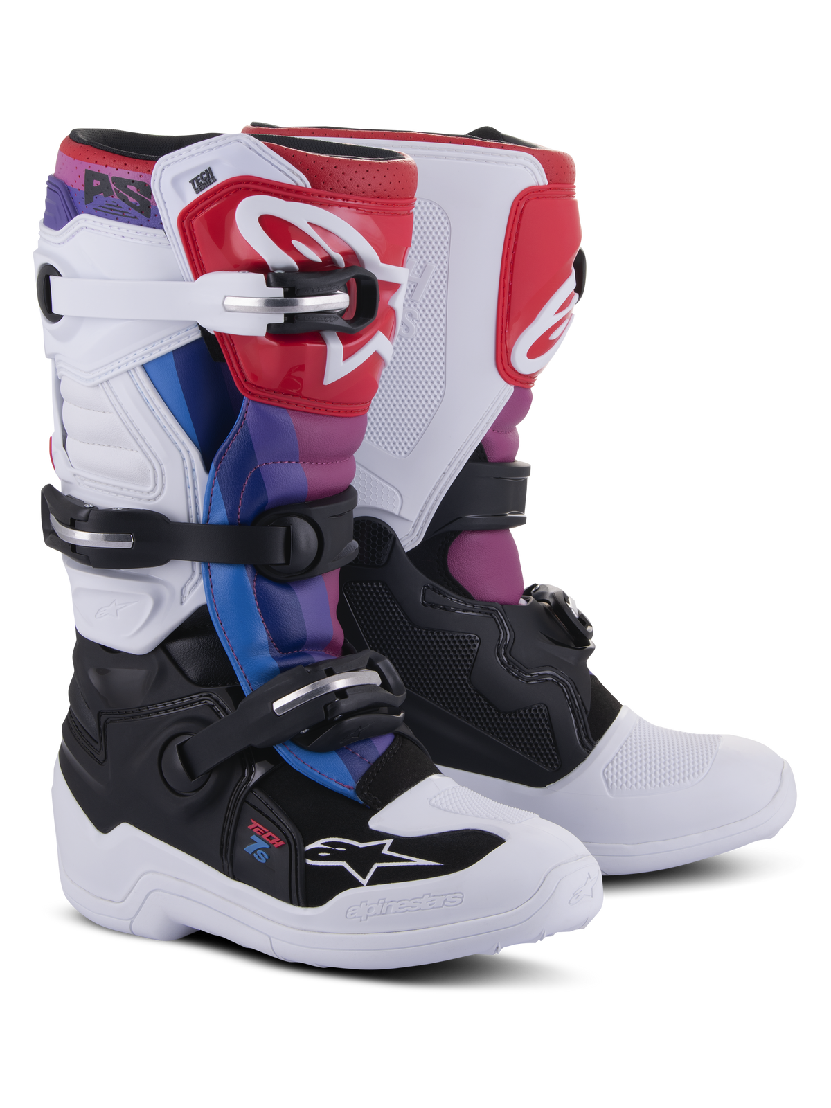 Bottes Alpinestars Youth Tech 7S, bottes de motocross, White Black Rainbow, avec une base blanche et noire et des accents rouges, bleus et violets, système de fermeture à boucles multiples et plaque de tibia protectrice pour la course tout-terrain