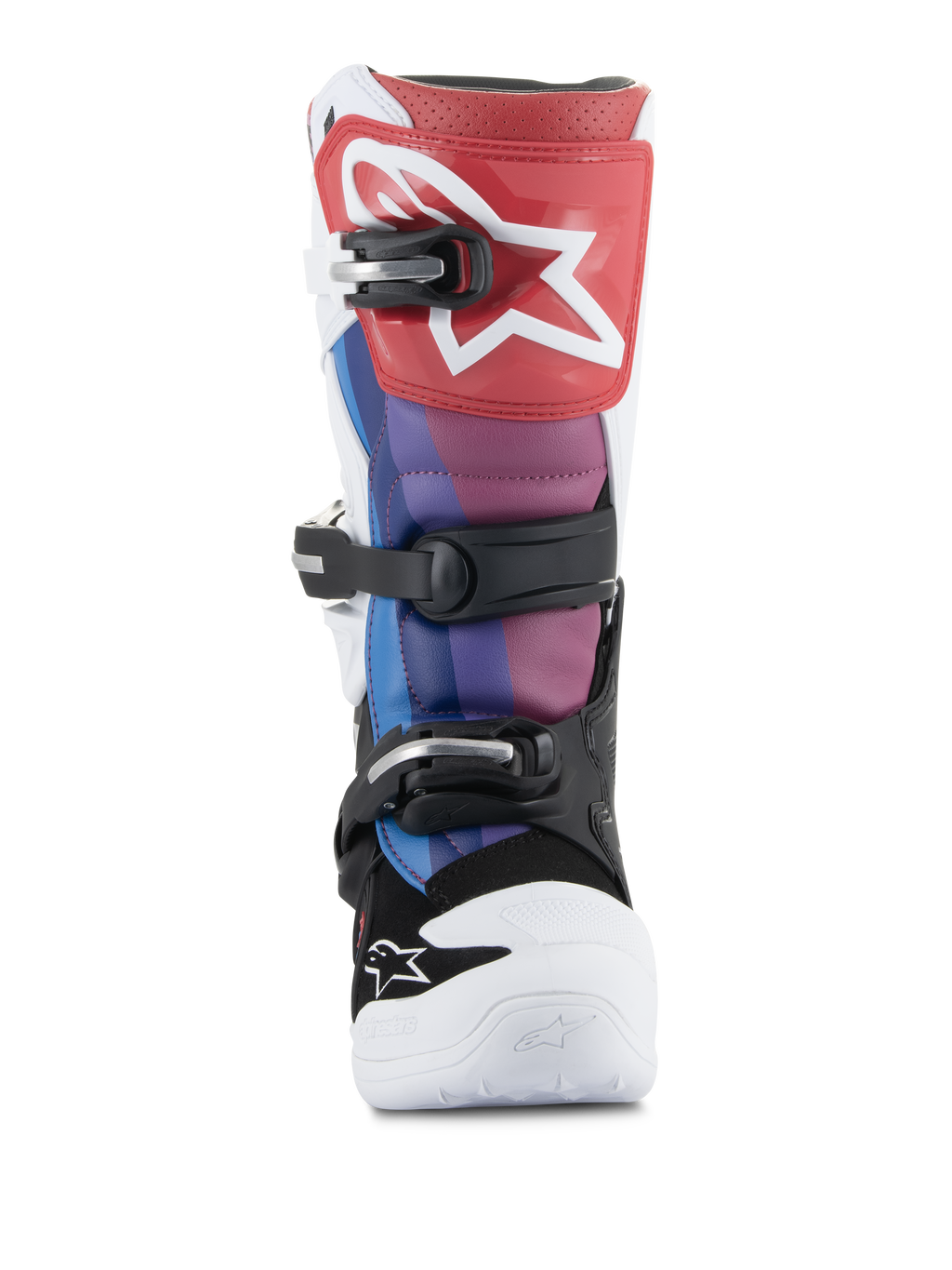 Alpinestars Youth Tech 7S laarzen, motorcrosslaarzen, White Black Rainbow, vooraanzicht met rode scheenplaat en wit ster-logo, blauwe en paarse panelen, zwart gespsysteem en witte neus, duurzaam off-road race-schoeisel