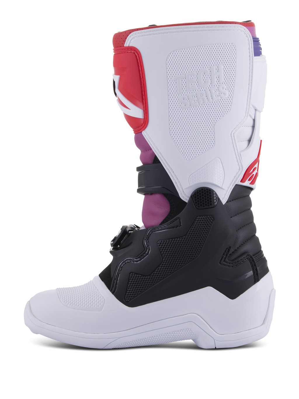 Alpinestars Youth Tech 7S laarzen, motorcrosslaarzen, White Black Rainbow, binnenaanzicht met witte scheenplaat en Tech Series-logo in reliëf, zwart onderste gedeelte en opvallende roze en rode accenten, duurzame beschermende uitrusting voor off-road rijden door jongeren
