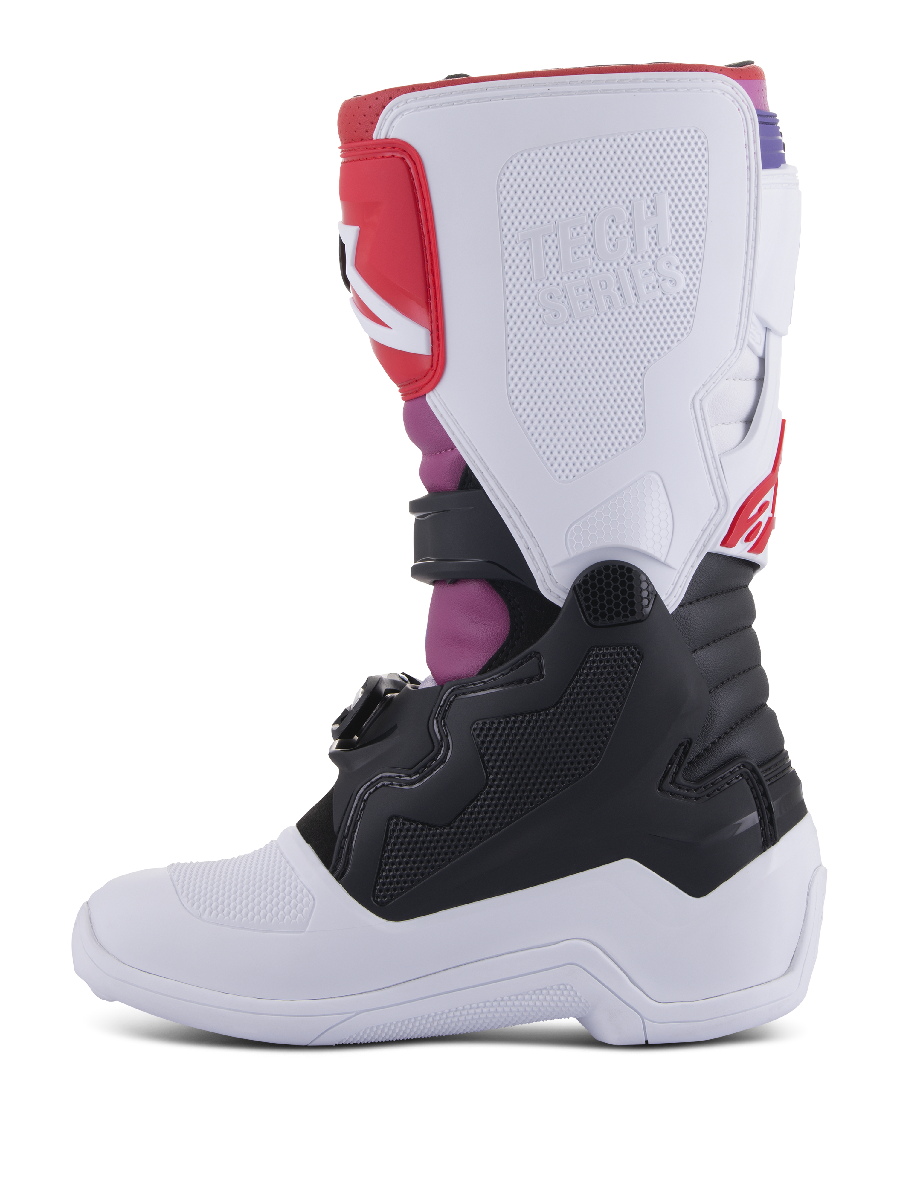Alpinestars Youth Tech 7S laarzen, motorcrosslaarzen, White Black Rainbow, binnenaanzicht met witte scheenplaat en Tech Series-logo in reliëf, zwart onderste gedeelte en opvallende roze en rode accenten, duurzame beschermende uitrusting voor off-road rijden door jongeren