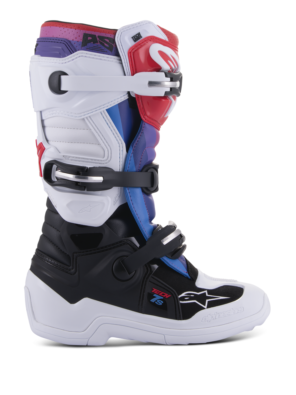 Alpinestars Youth Tech 7S motorlaarzen, motorcrosslaarzen voor jonge rijders, wit en zwart met rode, blauwe en paarse accenten, voorzien van een drievoudig gespsluitingssysteem, beschermende TPU-panelen en een duurzame dikke witte zool