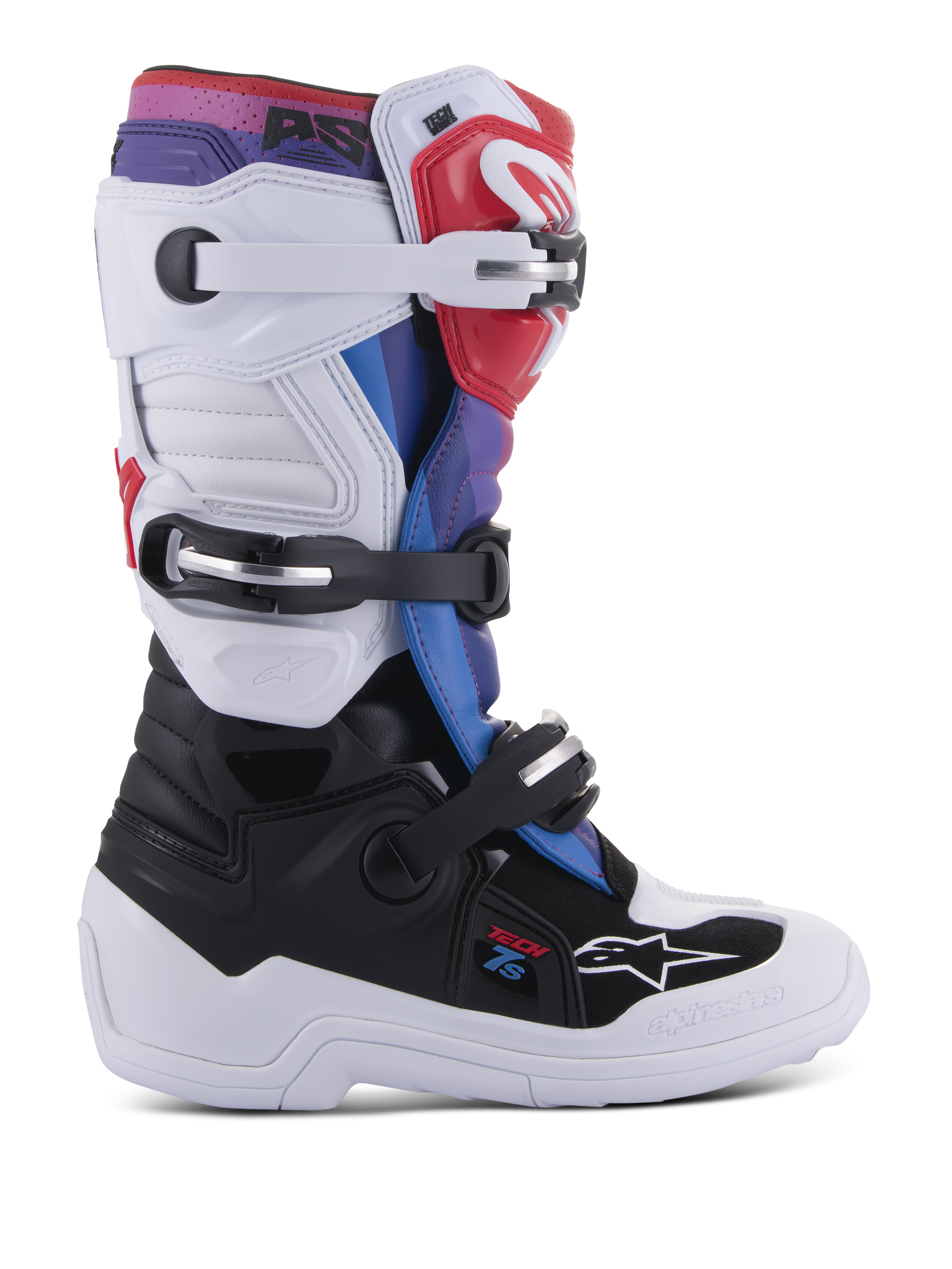 Bottes Alpinestars Youth Tech 7S, bottes de motocross pour jeunes pilotes, blanc et noir avec accents rouges, bleus et violets, système de fermeture à trois boucles, panneaux de protection en TPU et semelle blanche épaisse et résistante