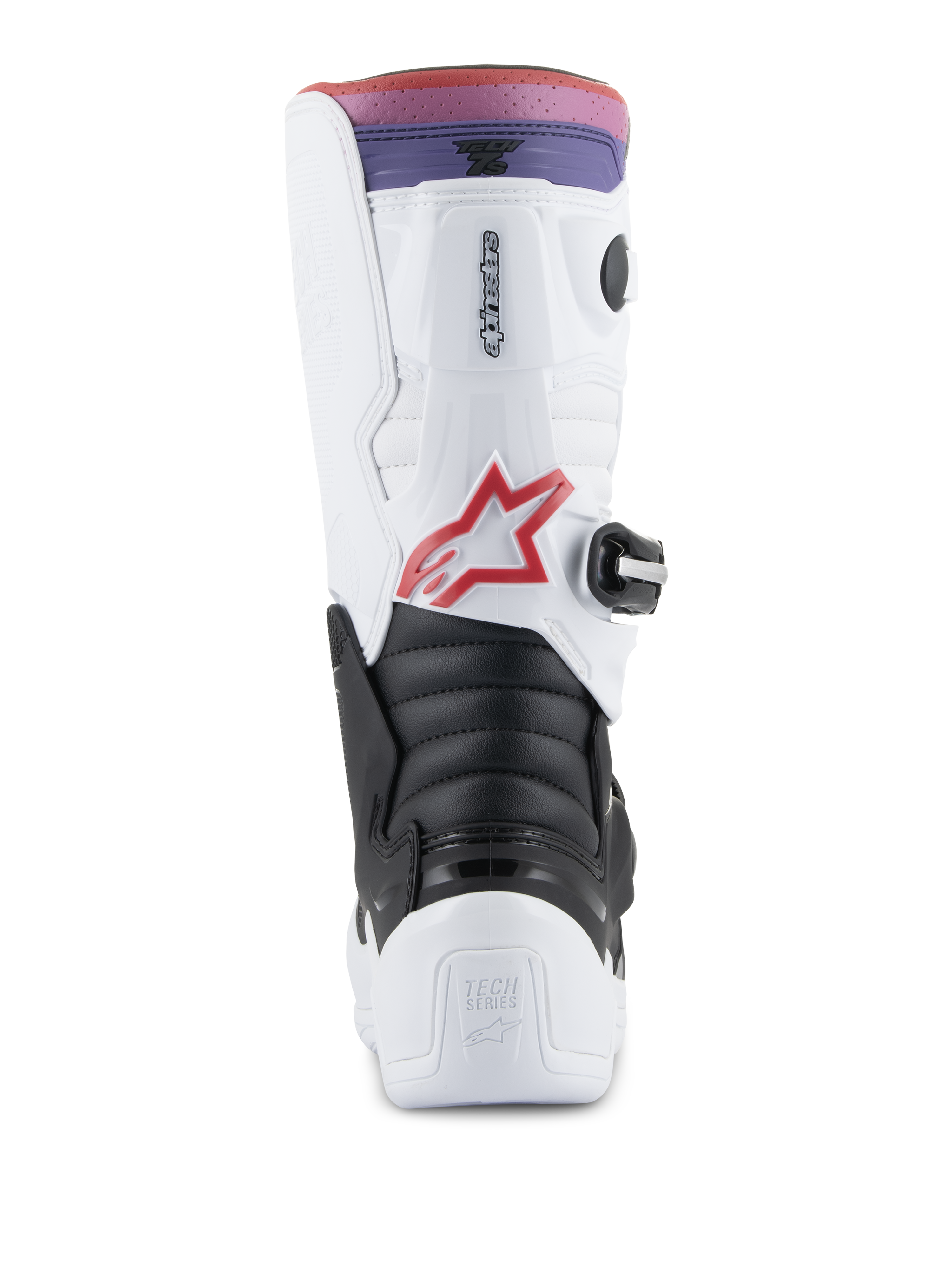 Alpinestars Youth Tech 7S laarzen, motorcrosslaarzen, wit, zwart en regenboog, achteraanzicht met hiel- en kuitbescherming, zwarte accordeon flex-zone, rood sterlogo en een roze en paarse gradiënt bovenband